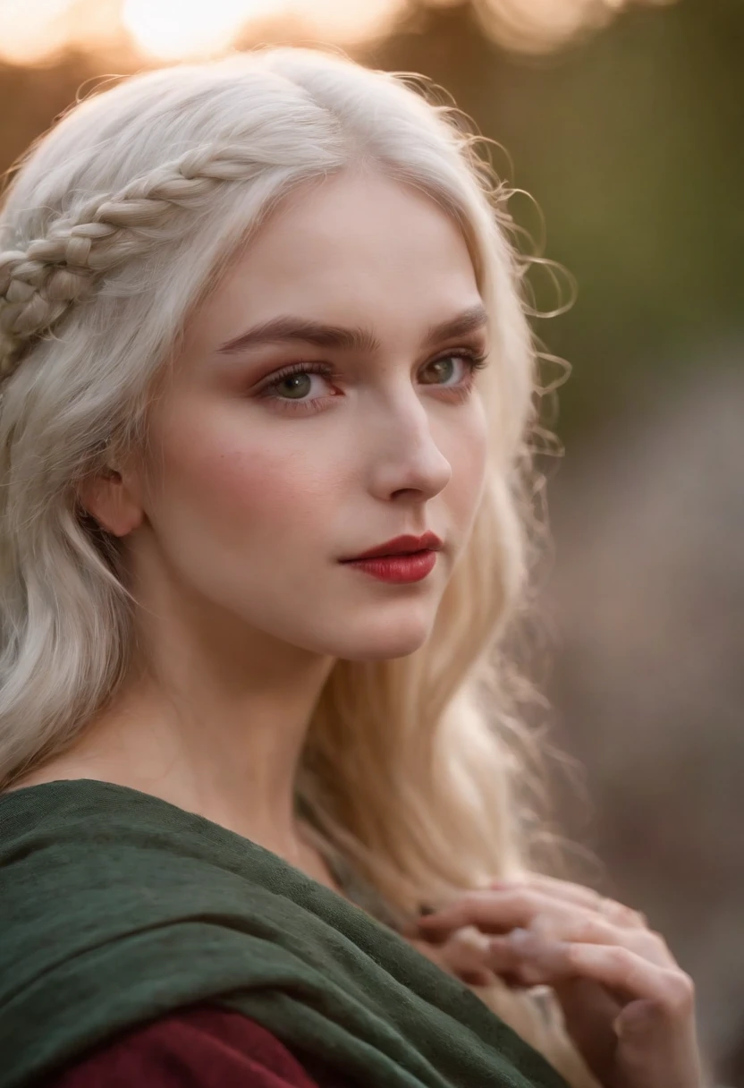 (((a deep reddish wound crosses her left cheek))) fair complexion, woman around 19 years old, natural white hair, distinctive green eyes, wearing kohl, slender and graceful, beautiful, candlelight in a medieval setting, ultra sharp focus, realistic shot, medieval female clothes, tetradic colors (scar:1.4)