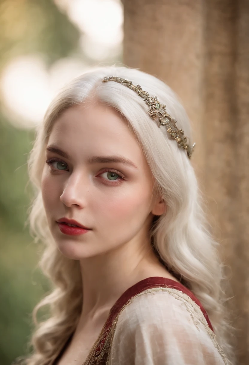 (((a deep reddish wound crosses her left cheek))) fair complexion, woman around 19 years old, natural white hair, distinctive green eyes, wearing kohl, slender and graceful, beautiful, candlelight in a medieval setting, ultra sharp focus, realistic shot, medieval female clothes, tetradic colors (scar:1.4)