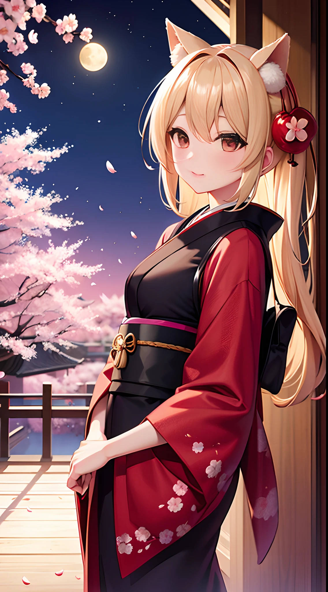 One blonde girl, Red eyes, Night background, Moon and cherry blossoms, Fluffy kimono,