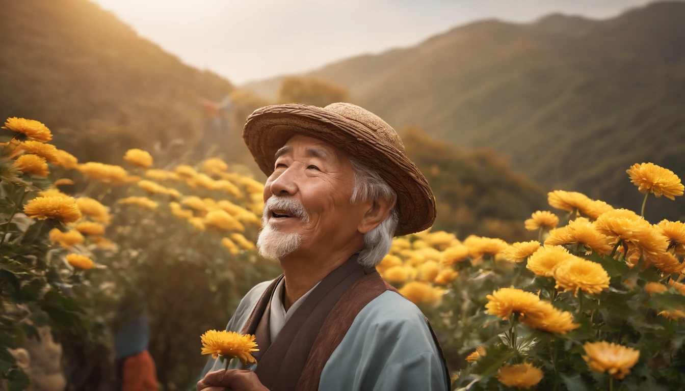 High quality, Masterpieces:1.2), illustration, An old Chinese man with a chrysanthemum on his head,Young people support the elderly】 Celebrate Double 9 with your eyes closed,Young people help the old man smile, A lively chrysanthemum festival, Charming smile, Close-up of mountaineering and elevation in the distance