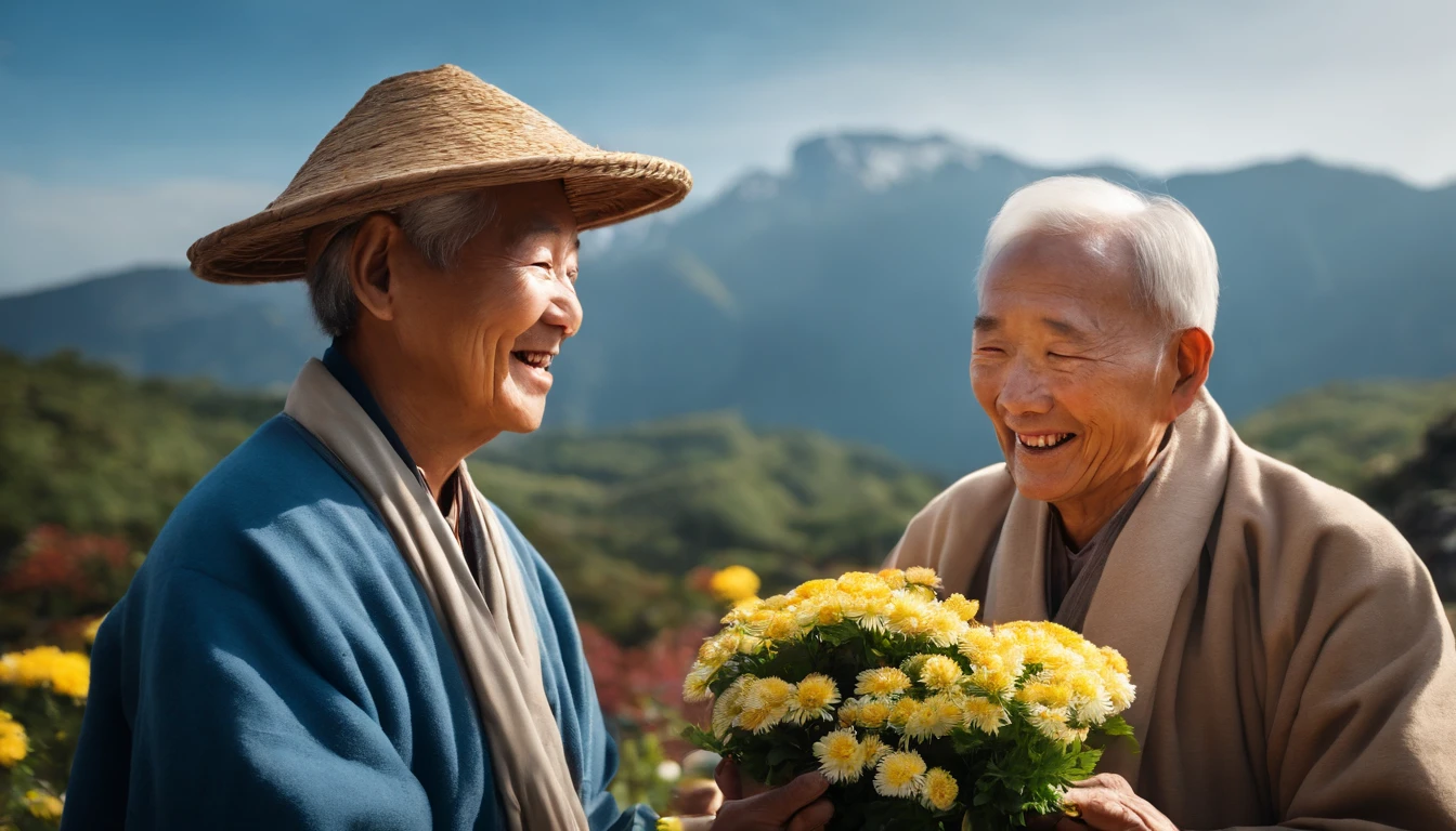 High quality, Masterpieces:1.2), illustration, An old Chinese man with a chrysanthemum on his head,Young people support the elderly】 Celebrate Double 9 with your eyes closed,Young people help the old man smile， A lively chrysanthemum festival, Charming smile, Close-up of mountaineering and elevation in the distance