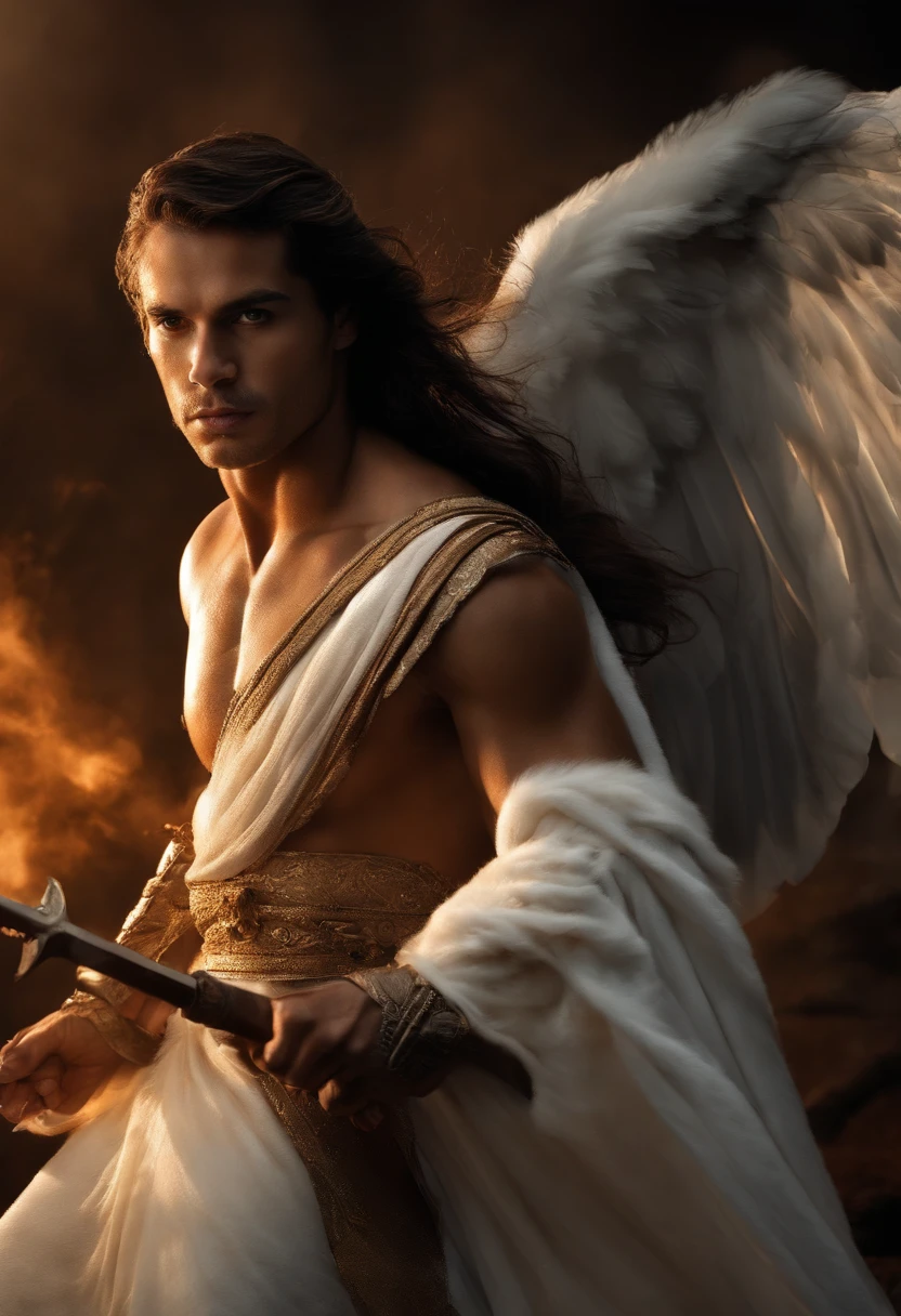 homem , Retrato de Danny Gonzalez, andrew gonzalez, Joel Torres, Brian Pulido, Alex Miranda, Cristiano Orrillo,Riyahd Cassiem, Alex Malveda , José Moncada,1boy, flowing black short hair, asas de anjo grandes plumas brancas, roupa como a de um deus grego compridas e branca com detalhes dourado, tonificado, olhos pretos claros e brilhantes, Holds a spear resting on the ground , Other angels like him are all around him, They are surrounded by white and bluish clouds --auto