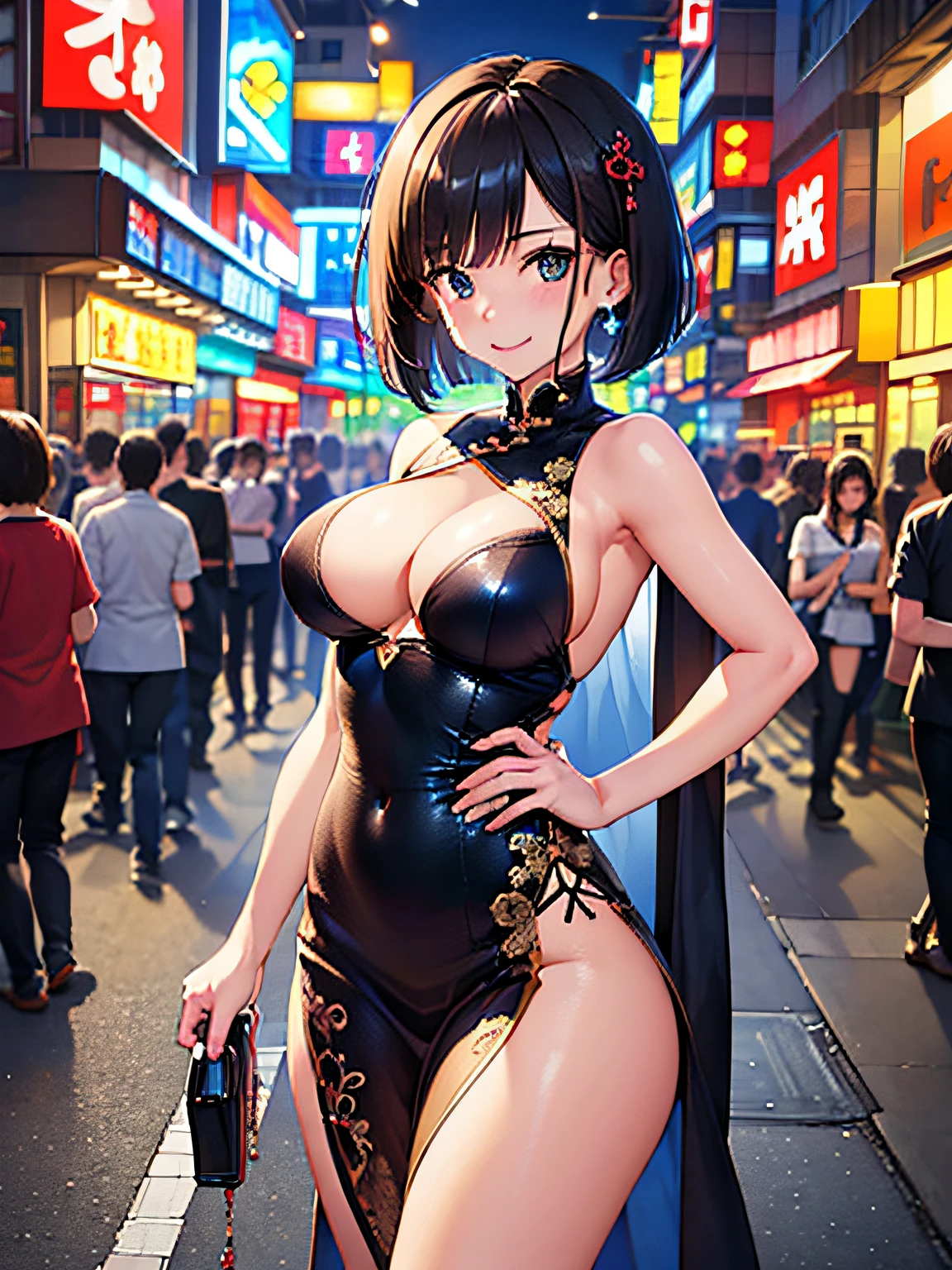 (Masterpiece, highest quality:1.3), High resolution, (illustration: 1.3), 35 years old, milf, (cute:1.3), medium breasts, (black bob cut;1.1), china dress, akihabara street, happy smile, heroine pose