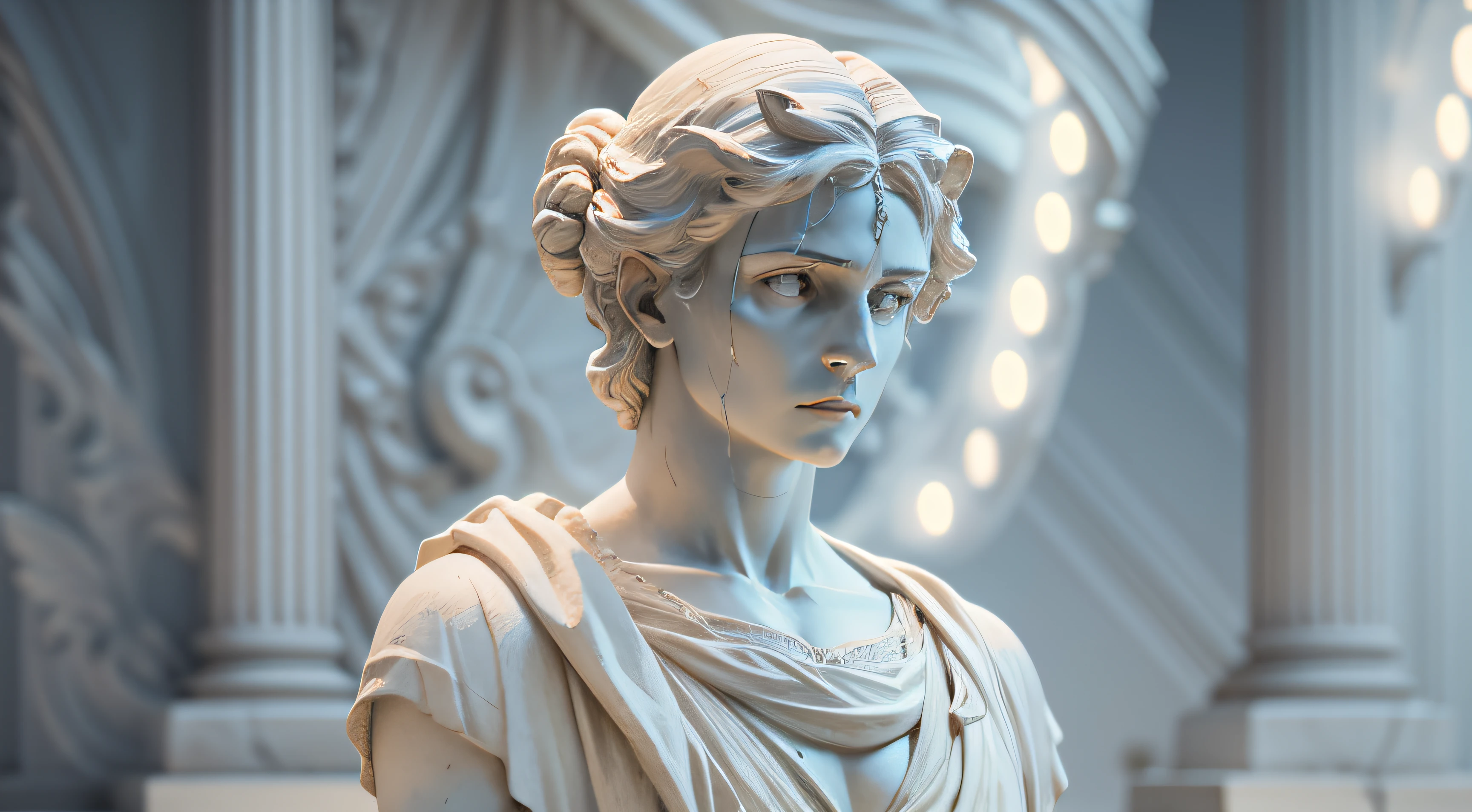 a realistic of bust greek white marble statue of artemis philosopher wearing a ghostly toga, neutral background, moody, stoic , photorealistic, cinematic scene, super detailed, hyper realistic, bright lights, 8 k