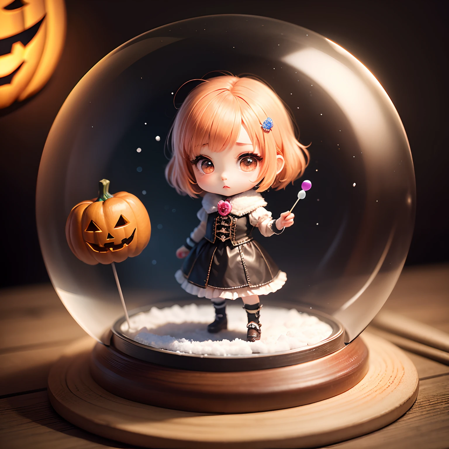 ​masterpiece、top-quality、ultra-detailliert、(Chibi Chara:1.2)、Snow globe、Halloween Cosplay、Lollipop Candy、Standing、
