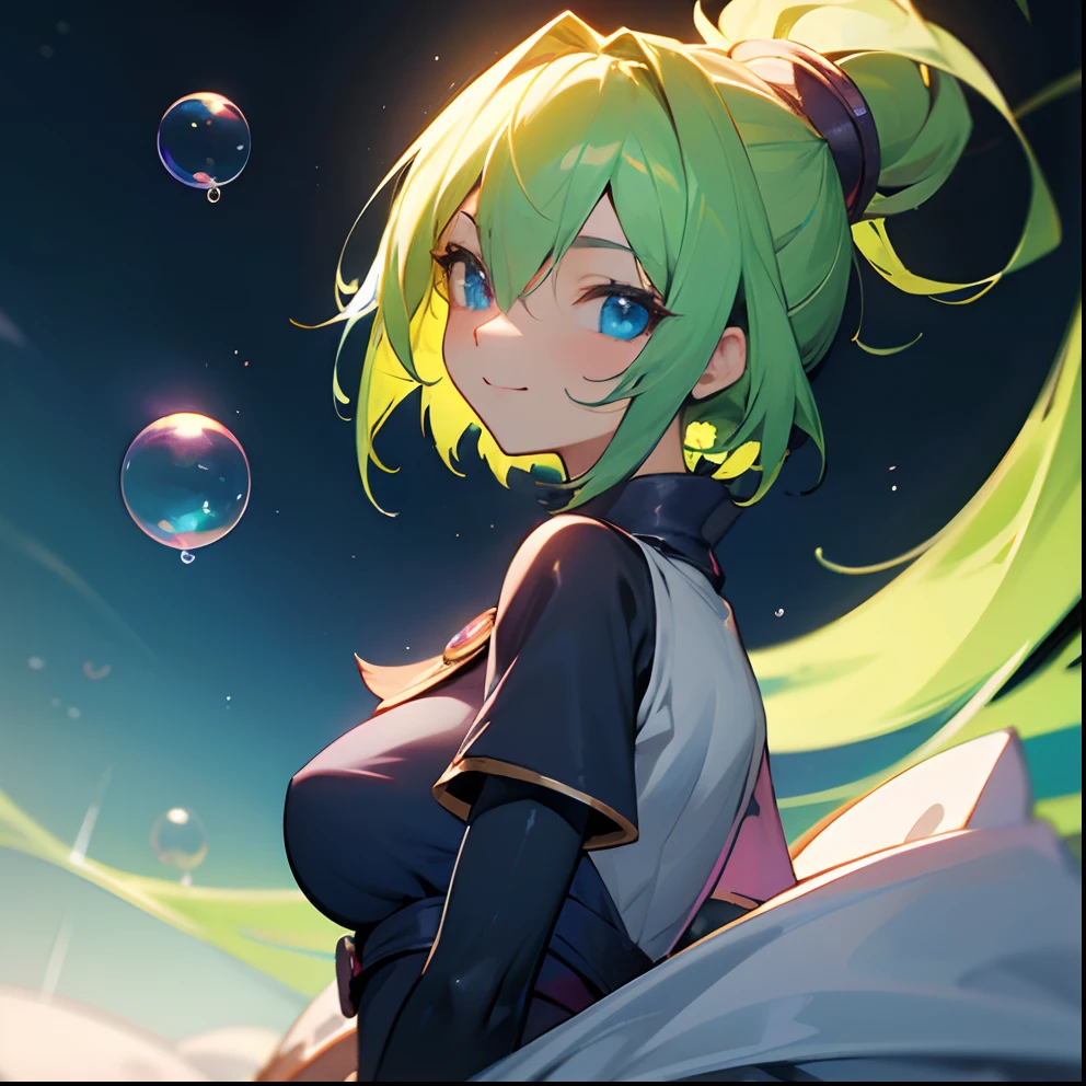 Dark Magician Girl、MKSKS style、独奏、(highly detailed back ground:1.0)、(highly detailed back ground:1.0)、masterpiece、top-quality、超A high resolution、in 8K、BREAK、from the front side、(1/2 and 1 gray/2 Lime Green Hair)、BREAK、Detailed clothing、White shirt、Detailed skin、glowy skin、A detailed eye、Blue eyes、looking in camera、Burning cheeks、smile、Large breasts、BREAK、(soap bubbles:1.2、Bright lighting:1.1)、dynamic ungle