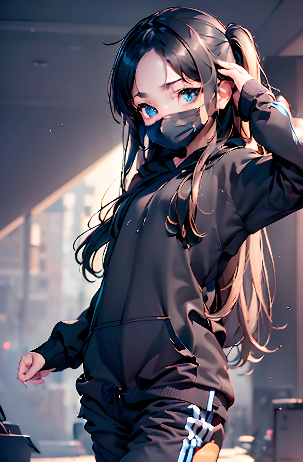 ((masterpiece)), ((best quality)), ((extremely detailed CG unity 8k wallpaper)) simple black clothes with only 1 color and with blue lines, black hoodie, dark blue mask