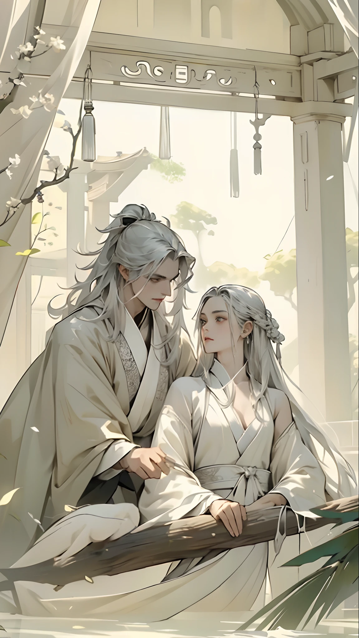 (extreamly delicate and beautiful:1.2), 8K, (tmasterpiece, best:1.0), , (LONG_silver_HAIR_MALE:1.5), Upper body body, a long_haired male, cool and seductive, evil_gaze, wears white hanfu, and intricate detailing, and intricate detailing, finely eye and detailed face, Perfect eyes, Equal eyes, Fantastic lights and shadows、white room background、 Uses backlight and rim light