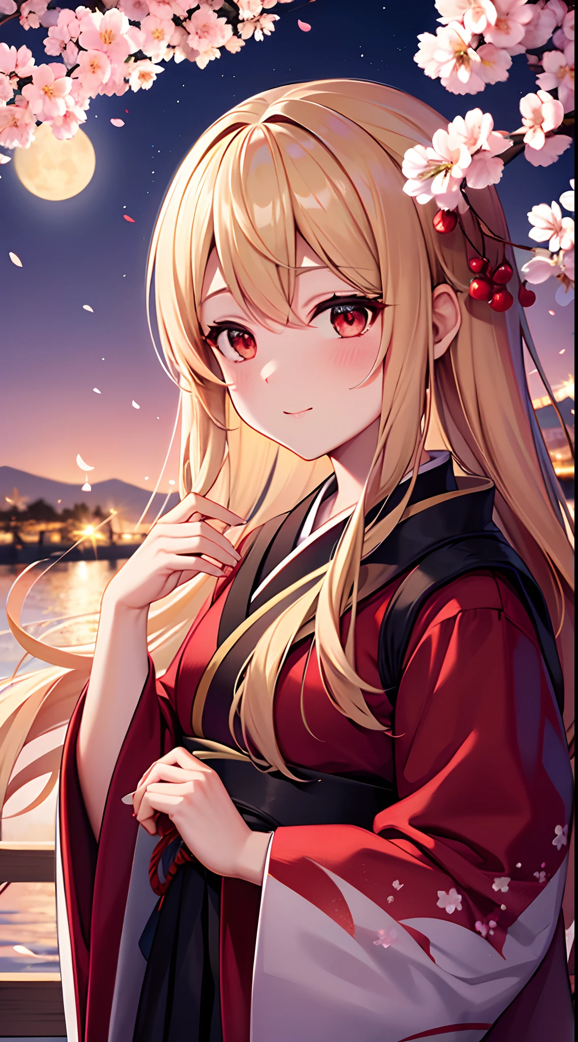 One blonde girl, Red eyes, Night background, Moon and cherry blossoms, Fluffy kimono,