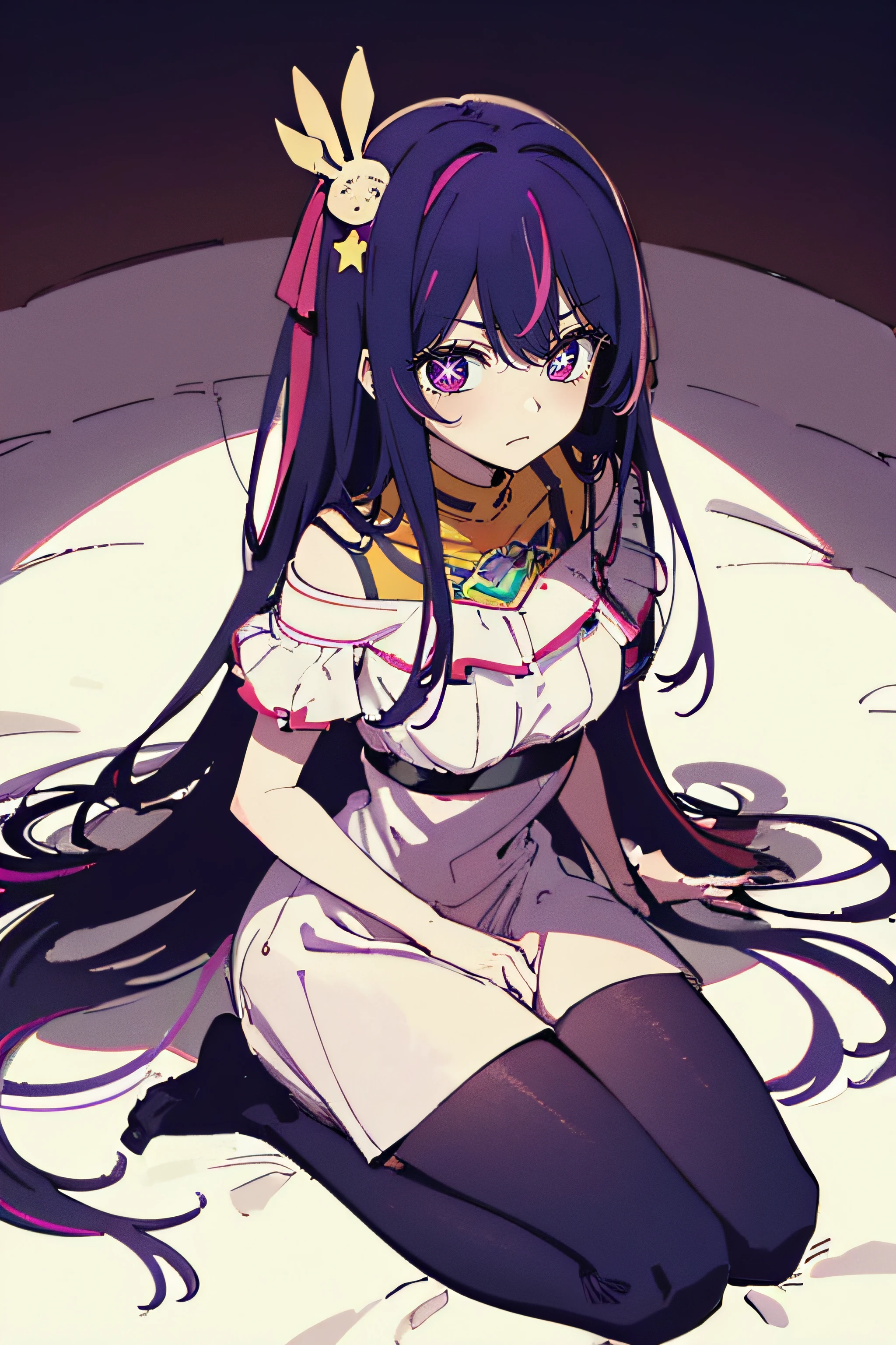 (masterpiece), best quality, humiliated, enoyed, colorfull, good anathomy, colorfull, Hoshino Ai, long hair, purple hair, streaked hair ,purple eyes, star-shaped pupils, hair ornament, kneeling