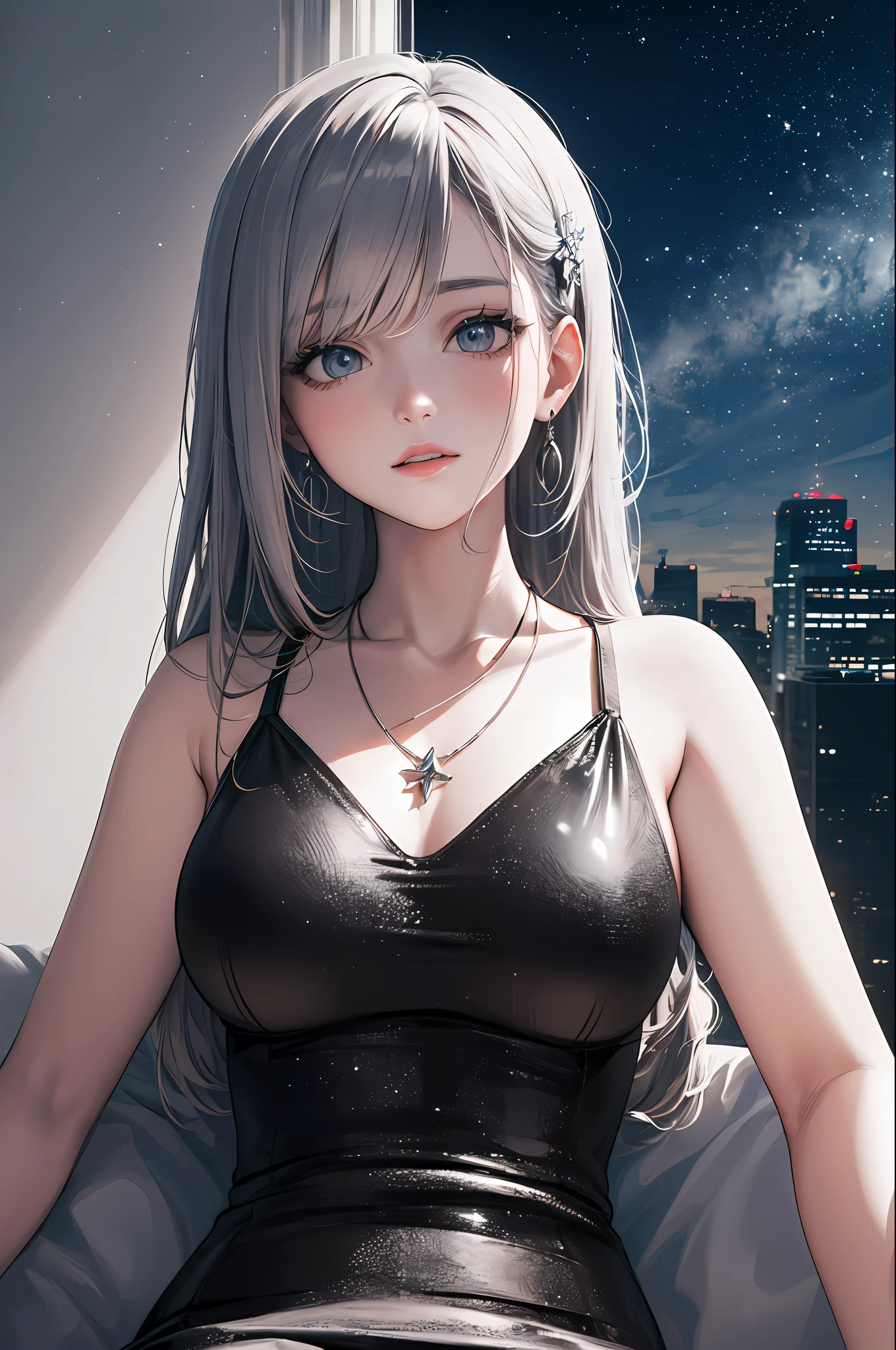 A detailed portrait of a girl sitting outdoors at night, looking at the starry sky with the milky way, surrounded by a night cityscape with buildings silhouetted against the night sky, long white hair. wearing a slightly revealing dress, sexy legs, precise cleavage, (best quality, 4k, 8k, high resolution, masterpiece: 1.2), ultra detailed eyes and face, extremely detailed blue eyes, beautiful detailed eyes, beautiful detailed lips, sky, stars, landscapes, starry night, night, 1 girl. Behind 