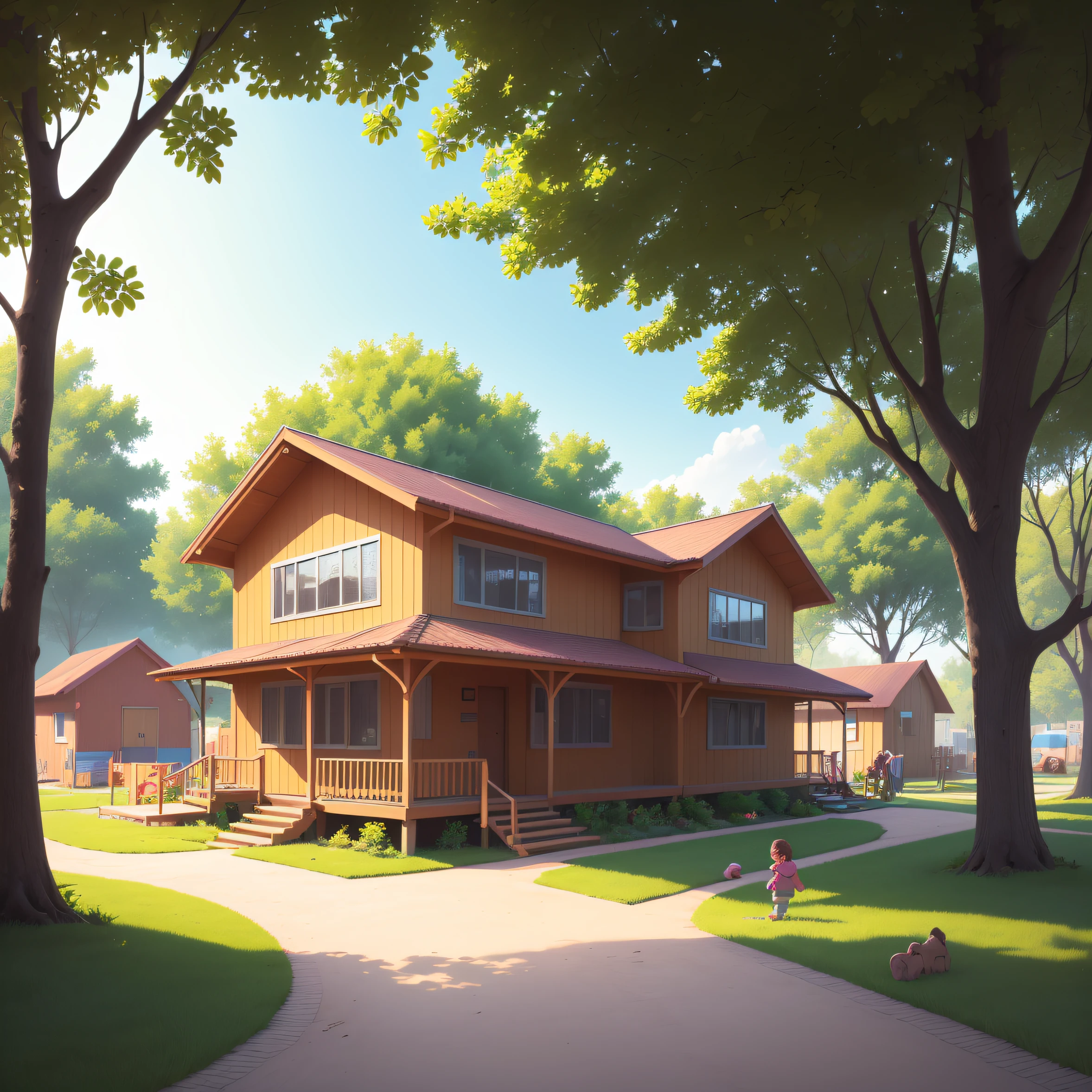 A happy scene unfolds in the exterior of a vibrant kindergarten. The children, full of joy and energy, engage in playful activities, creating a lively atmosphere. Their laughter and giggles fill the air, adding a cheerful ambiance to the surroundings. The scene is bathed in warm sunlight, casting a soft glow on everything it touches.
The main subject of this scene is a group of children, their innocent faces radiating with happiness. Their bright and expressive eyes captivate the viewer, brimming with a sense of wonder and curiosity. The children's laughter is infectious, evoking a warm and joyful feeling in anyone who witnesses their playful interactions.
The scene is captured using high-resolution photography, ensuring the best quality in every detail. The colors are vivid and vibrant, making the image come alive with a burst of energy. The children's smiles and their carefully chosen outfits add a touch of individuality to each one, creating a diverse and inclusive atmosphere.
The exterior of the kindergarten is beautifully designed, showcasing a perfect blend of functionality and aesthetic appeal. Lush greenery surrounds the area, with colorful flowers and trees, creating a visually pleasing backdrop. The ground is covered with soft grass, inviting the children to run and play freely. The architecture boasts a modern yet child-friendly style, with bright and welcoming colors.
The lighting in this scene is natural and soft, creating a warm and inviting ambiance. The sunlight filters through the trees, casting gentle shadows on the ground. The play area is well-illuminated, allowing the children to enjoy their games without any hindrance.
Overall, this joyful scene showcases the essence of childhood and the carefree spirit of the children. It captures a moment of pure happiness and innocence, portraying the everlasting joy that radiates from the exterior of a kindergarten.