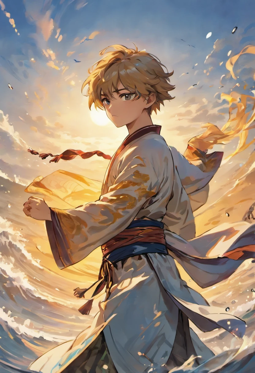 (best quality,4k,8k,highres,masterpiece:1.2),ultra-detailed,(realistic,photorealistic,photo-realistic:1.37),swordsmanship practice,boy,beautiful detailed eyes,beautiful detailed lips,extremely detailed face,focused gaze,traditional Chinese attire,flowing robe,wind-blown hair,fierce expression,sword swinging,graceful movements,splashing waves,coastline with sandy beach,seagulls flying overhead,distant mountains,calm and serene atmosphere,traditional Chinese music playing in the background,natural sunlight casting warm golden tones,gentle ocean breeze,traditional Chinese calligraphy brush strokes,artistic silhouette against the sunset,traditional Chinese martial arts training,reflection of the boy's determination and perseverance in his eyes.