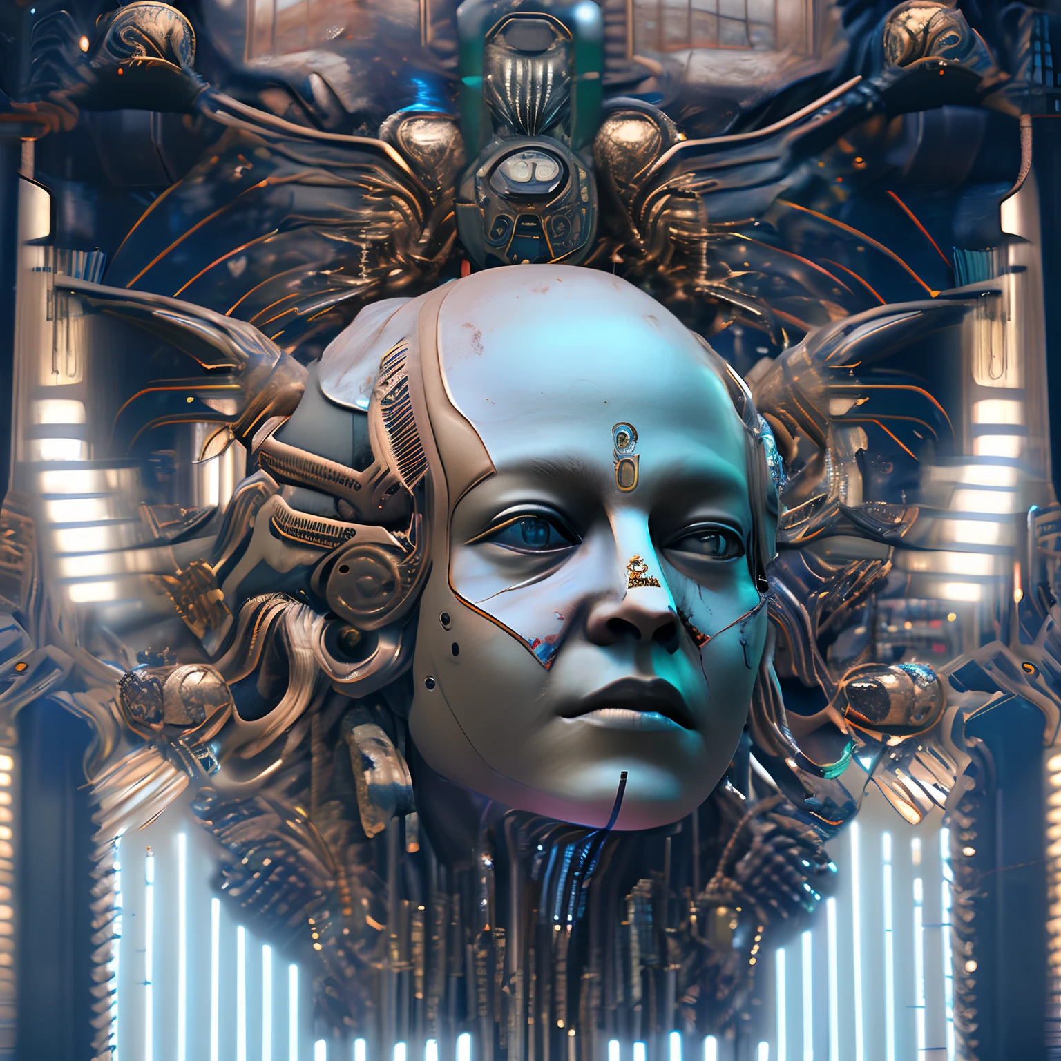 Extremely high-resolution masterpiece of a creepy portrait of 2 gorgeous cyborgs with anatomical, mechanical and human components,They are wires,kabel und Schrauben sichtbar.They kiss .sie sind an einer Maschine angeschlossen. Das Bild hat elemente von H.R.Giger ,Jean Ansell und justin Gerard, fotorealistisch, blutig ,body horror,eklig,rostig,verdreckt,dystopie