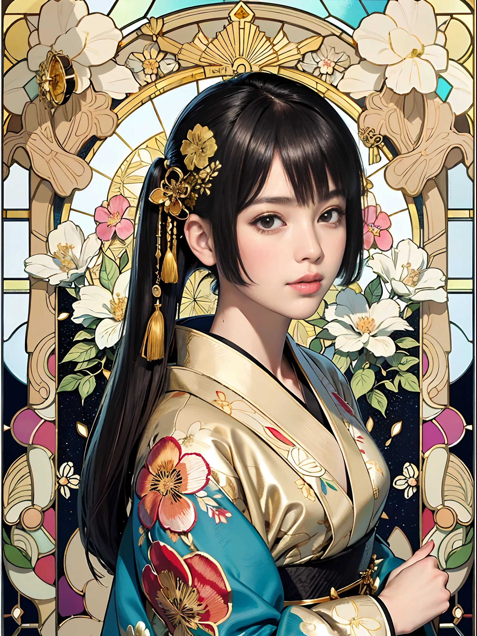 Background of details(chies:1.1(stain glass:1.1)),BREAK,elaborate costume(Luxury kimono(Colorful kimono(detailed embroidery(Gold floral pattern)))),BREAK,1womanl(Beautiful and classy adult woman(Japanese actressl:1.2)(glossy dark hair(poneyTail:1.2))), Blake Wallpaper 16K,Blur the background,(masutepiece:1.5), (Best Quality:1.5),(Portrait photos:1.5),full body Esbian
