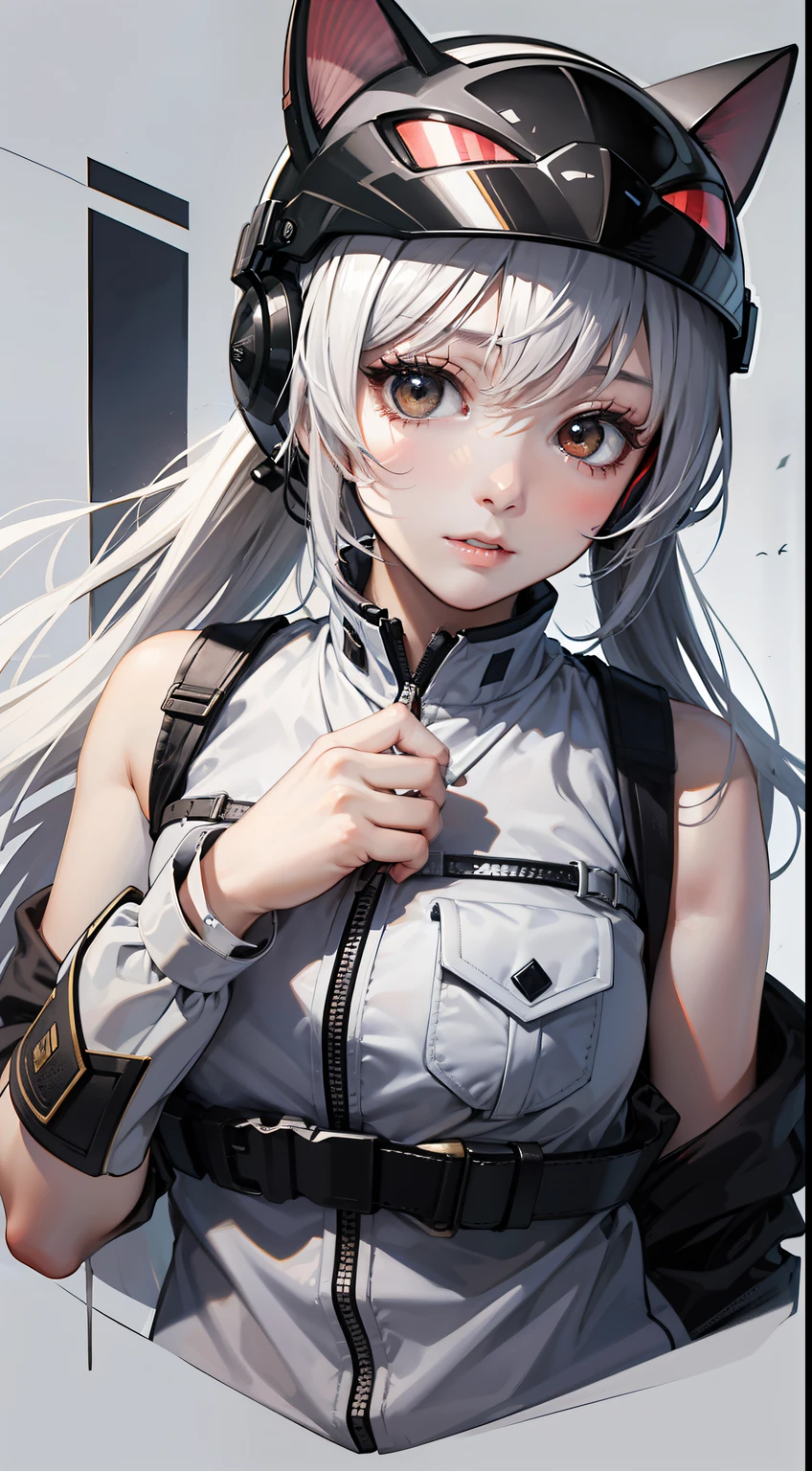 one-girl，（grown woman：1.21），比基尼，Wear a white helmet，（鎖骨：1.1），（Gilet blanc：1.11），（nabel），（long  white hair：1.1），pony tails，黑The eye， 比基尼，bust，Pigeon Circle，homing pigeon，Cat helmets， Adhesive bandage，wounds，chest circumference，