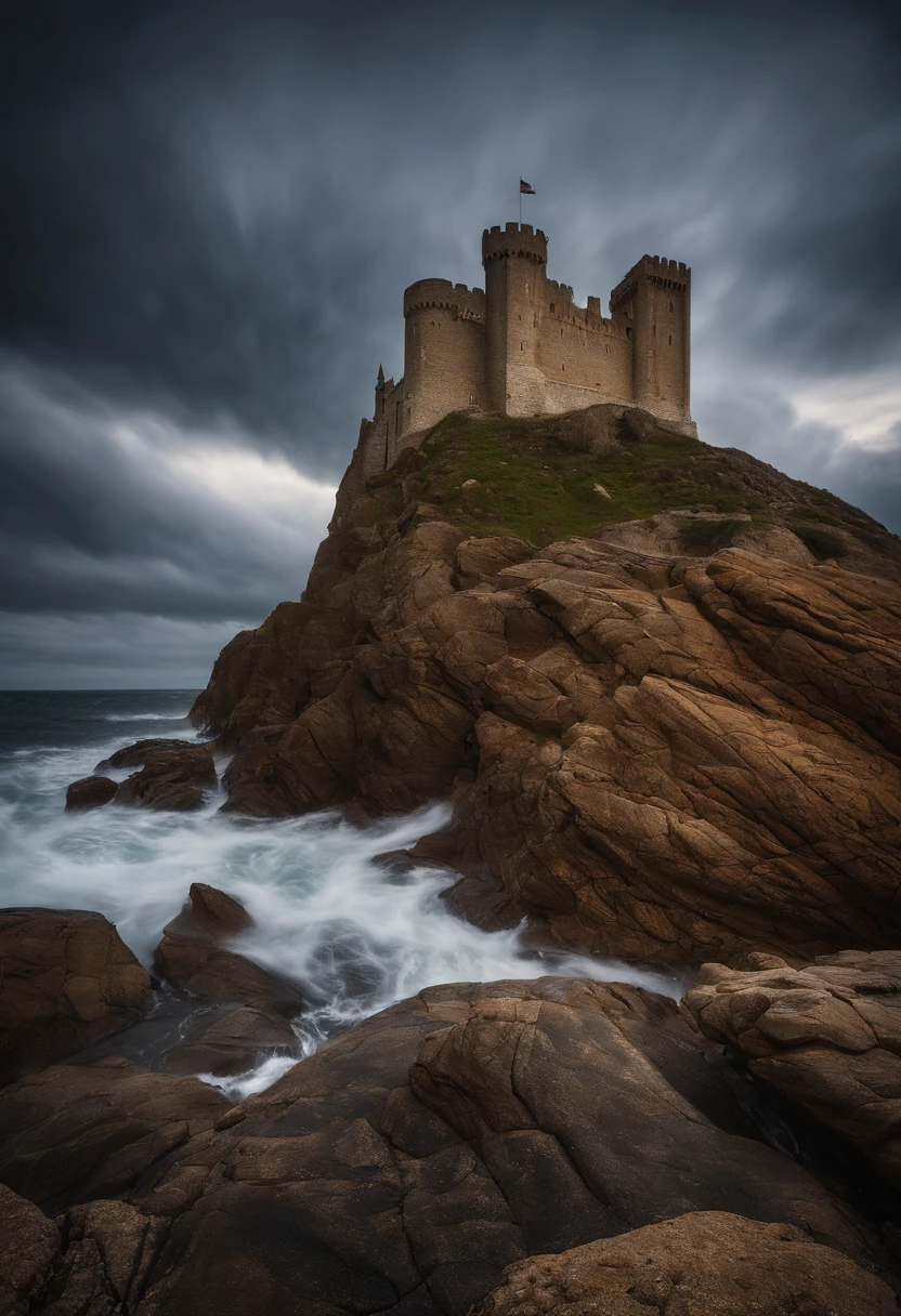 /imagine prompt: A majestic and imposing medieval castle perched on a cliff by the sea, with waves crashing against the rocks below, an overcast sky filled with dark clouds, evoking a sense of mystery and foreboding, Photography, DSLR camera with a wide-angle lens, f/8, ISO 100, --ar 16:9 --v 5