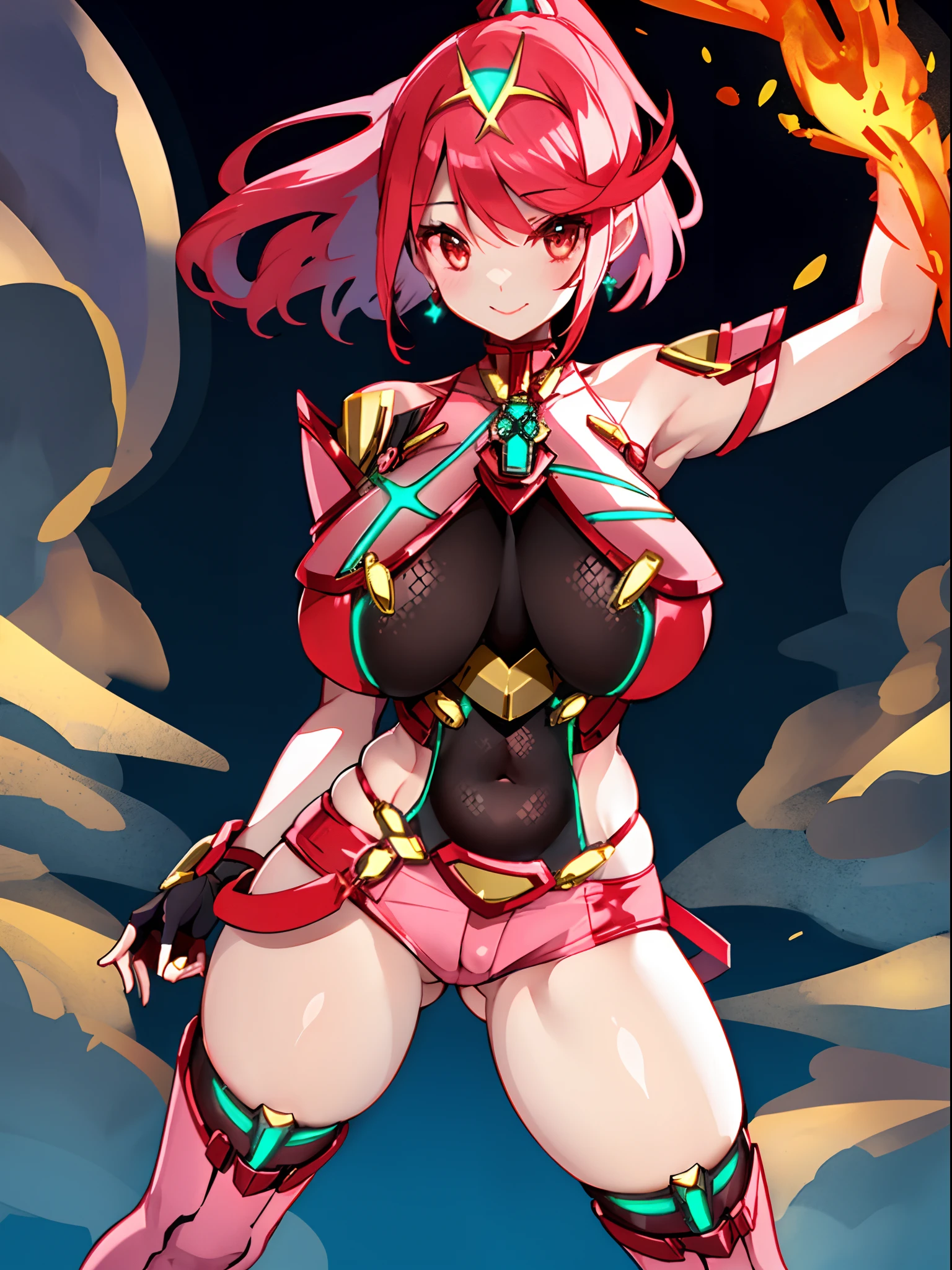 pyra \(xenoblade\), _1girl, lolibangs, black gloves, breasts, red eyes, shout, earrings, eyelashes, fingerless gloves, floating hair, , gem, gloves, hair ornament, headpiece, jewelry, gigantic_breasts, leaning back, swimsuit, neon trim, official art, pose, red hair, saitou masatsugu, short hair, sidelocks, skin tight, solo, swept bangs, thighhighs, tiara, fantasy_town_background, underbust, xenoblade chronicles \(series\), (xenoblade chronicles 2), (spread_legs:1.1), fire_effect,dynamic_pose,fighting,light_smile, (plump:1.1), big_ass,huge_sword, hold_large_sword_hilt, covered_nipples, covered_pussy, fists,ponytail,beautiful_fingers,(solo:1.1), bare_shoulder,(shoulder_naked:1.2), nipple_jewel,back, back_view, focus_ass,ass, (very_short＿shorts:1.3),(lise_leg:1.4)