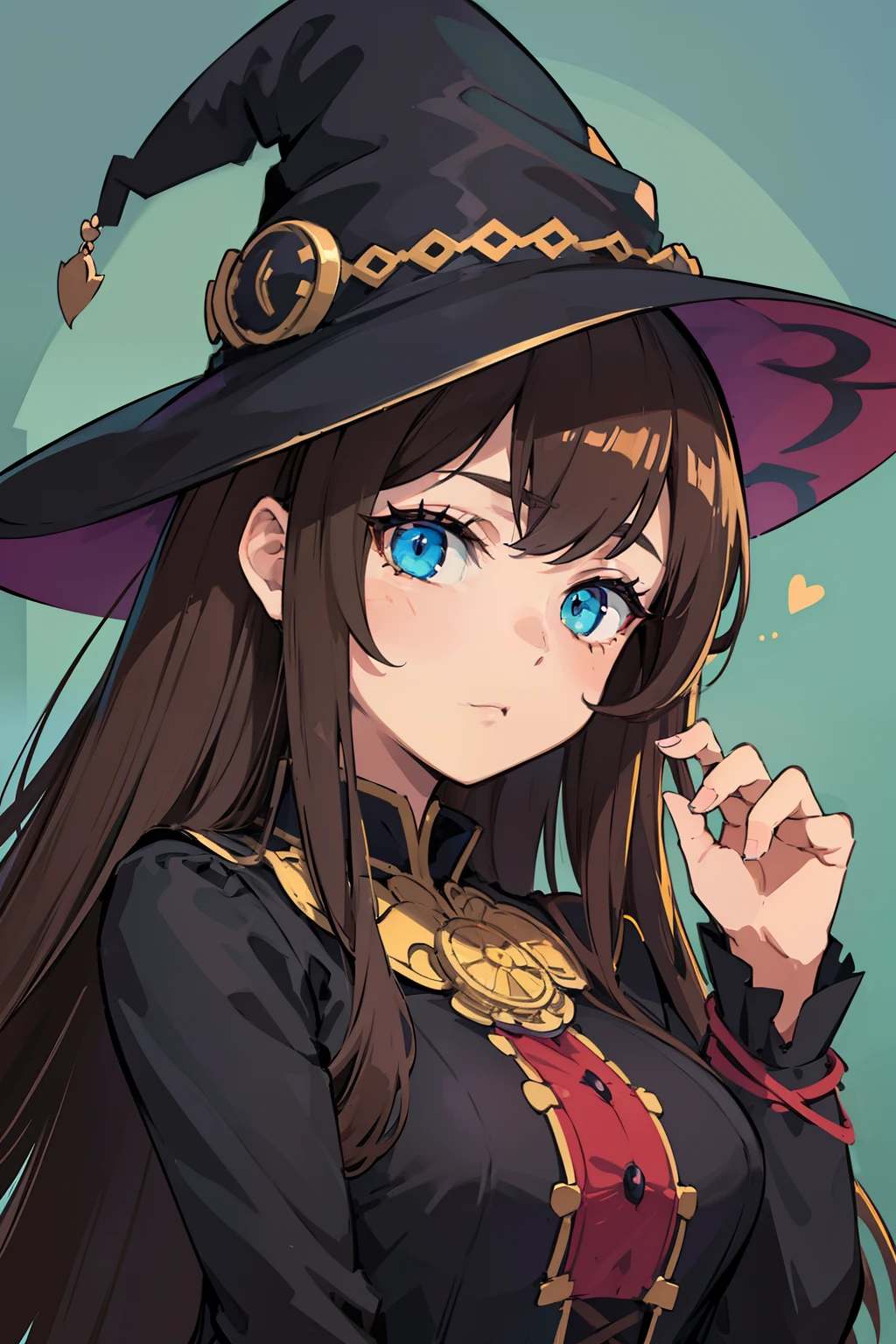 (Masterpiece, Best Quality, extremely detailed CGI, beautiful detail eyes, Ultra-detailed, intricate details:1.2), 8k wallpaper, Cartoon drawing of a woman in a witch hat with long hair, 1 7 - year - old anime goth girl, The Witch Girl, dark witch character, fashionable dark witch, Anime girl with long brown hair, Witch Academy, with a hat, as an anime character, The Mysterious Girl, Portrait of a young witch girl,Cyan eyes,cat ears,Demon Horns,Cyan eyes,Brown hair