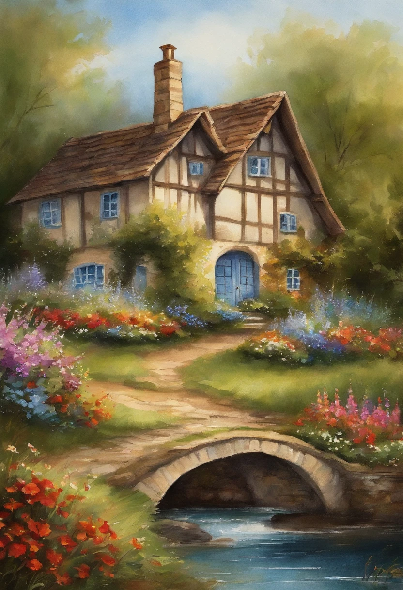 /imagine prompt: A quaint, picturesque cottage nestled in a serene countryside, surrounded by rolling hills, vibrant wildflowers, and a clear blue sky, radiating tranquility and happiness, Painting, watercolor on textured paper, using a variety of brushes and wash techniques, --ar 16:9 --v 5