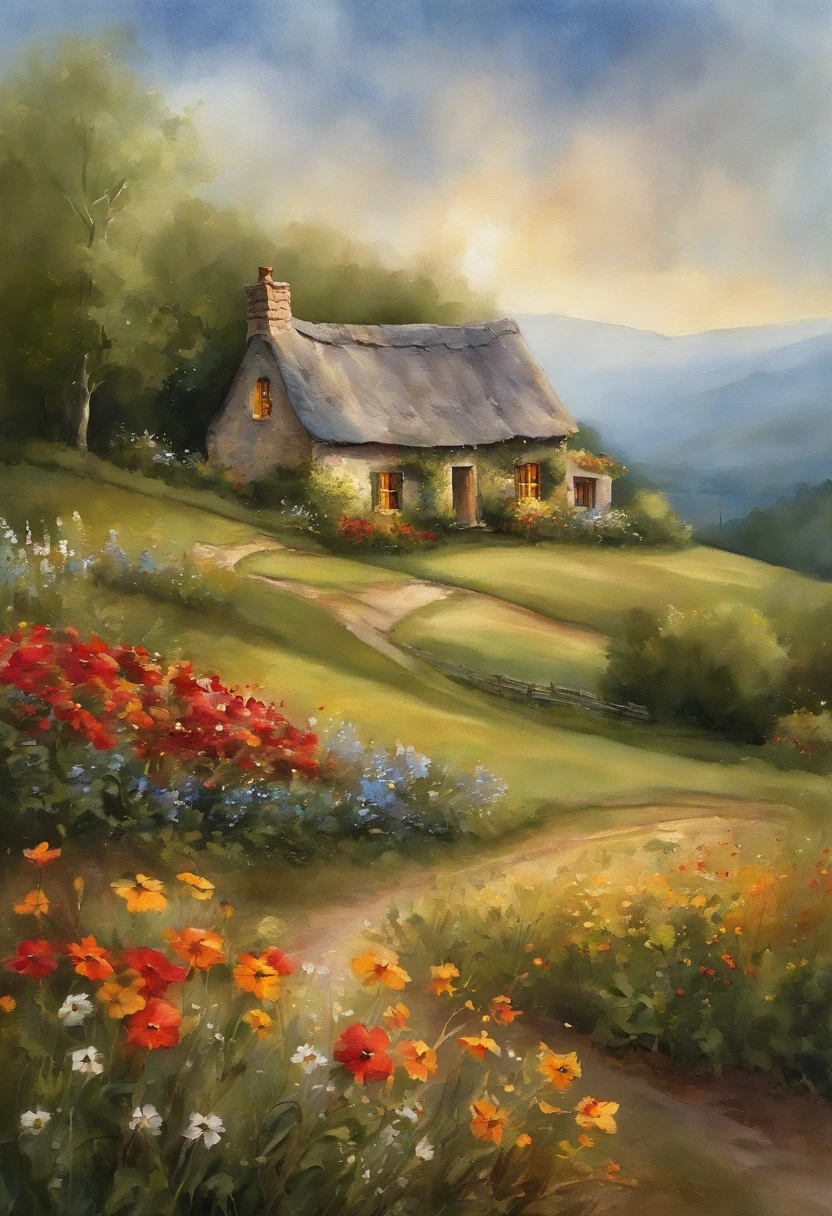 /imagine prompt: A quaint, picturesque cottage nestled in a serene countryside, surrounded by rolling hills, vibrant wildflowers, and a clear blue sky, radiating tranquility and happiness, Painting, watercolor on textured paper, using a variety of brushes and wash techniques, --ar 16:9 --v 5