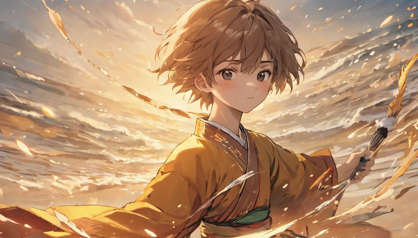 (best quality,4k,8k,highres,masterpiece:1.2),ultra-detailed,(realistic,photorealistic,photo-realistic:1.37),swordsmanship practice,boy,beautiful detailed eyes,beautiful detailed lips,extremely detailed face,focused gaze,traditional Chinese attire,flowing robe,wind-blown hair,fierce expression,sword swinging,graceful movements,splashing waves,coastline with sandy beach,seagulls flying overhead,distant mountains,calm and serene atmosphere,traditional Chinese music playing in the background,natural sunlight casting warm golden tones,gentle ocean breeze,traditional Chinese calligraphy brush strokes,artistic silhouette against the sunset,traditional Chinese martial arts training,reflection of the boy's determination and perseverance in his eyes.