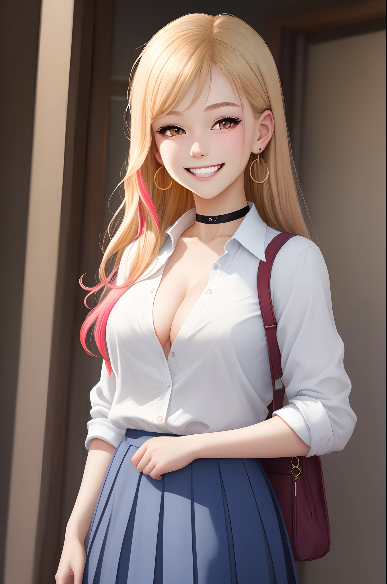 (((masterpiece))), (((best quality))), ((ultra-detailed)), (highly detailed CG illustration), ((an extremely delicate and beautiful)),cinematic light, absurdres, high quality, highres, best quality, masterpiece, novel illustration, comic, (detailed background), highly detailed, (detailed description), foreground, (8k, raw photo, best quality, masterpiece), good anatomy, best quality, (masterpiece:1.2), detailed,, kitagawa marin sb, 1girl, solo, open mouth, grin, smile, long hair, blonde hair, red eyes, multicolored hair, earrings, school uniform, choker, white shirt, pleated skirt, blue skirt, blue necktie, standing, looking at the viewer, outdoors,make up,big chest (eyebrows_visible_through_hair:0.586), (galaxy:0.766), shy pose,(dutch angle:1.1),upper body,smile,midjourney,backlighting,big chest,looking down to the viewer (fashion magazine :1.3)