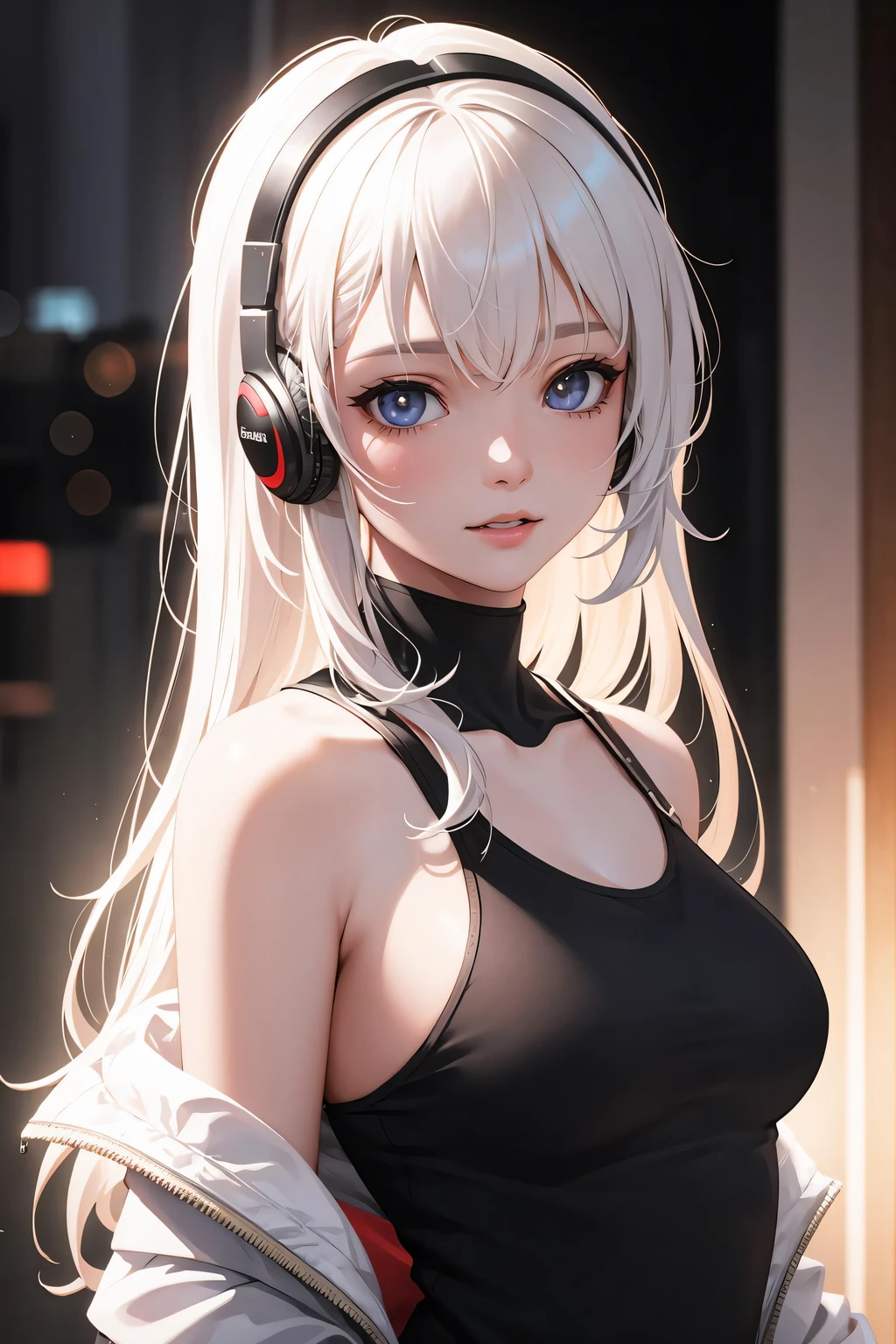 (masterpiece, sidelighting, finely detailed beautiful eyes: 1.2), (on the moon, space, looking back into earth), white hair, black tank top, volumetric lighting, white jacket, glowing headphone, cyberpunk, futuristic, multi-color eyes, detailed eyes, hyper detailed,light smile, highly detailed, beautiful, small details, ultra detailed, best quality, intricate, hyperrealism, sharp, digital illustration, detailed, realism, intricate, 4k, 8k, trending on artstation, good anatomy, beautiful lighting, award-winning, photorealistic, realistic shadows, realistic lighting, beautiful lighting, raytracing, intricate details, moody, rule of thirds, masterpiece, (illustration:1.1), highres, (extremely detailed CG, unity, 8k wallpaper:1.1), beautiful face, highly detailed face, ultra realistic, masterpiece, bokeh, extremely detailed, intricate, zoomout, colorful, vibrant colors, red nail polish, side view,