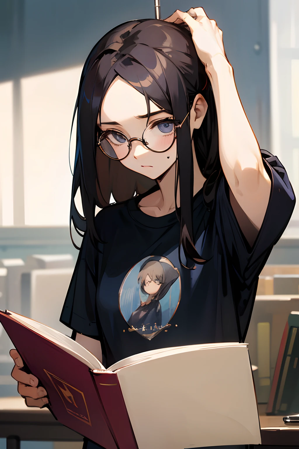 femele、I'm worried、tshirts、Reading a book、A dark-haired、Tying hair、forehead、Wearing round glasses、