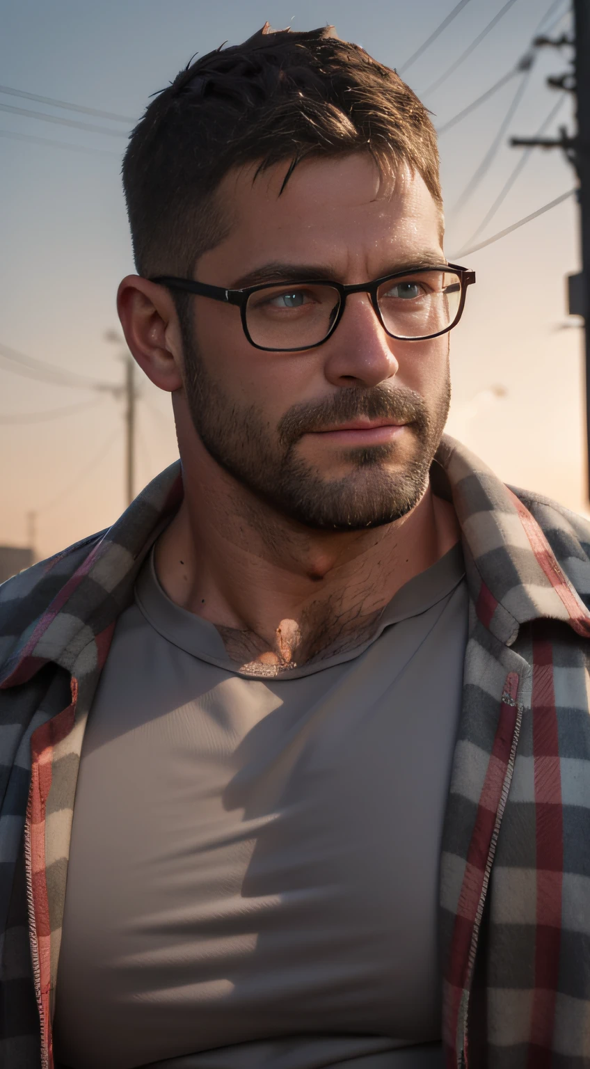 An award-winning original photo，A wild muscular man, (40 years old daddy:1.1), 1boy, Solo, (wearing red plaid shirt outside), (grey T-shirt inside), (big shoulders), musculature, stubbles, Short beard, Beautiful eyes:1.3, ), (Detailed face:1.3), wearing glasses, smiles, Dynamic Angle, volumetric lighting, (Best quality, A high resolution, Photorealistic), Cinematic lighting, Masterpiece, RAW photo, Intricate details, hdr, depth of field, upper body shot