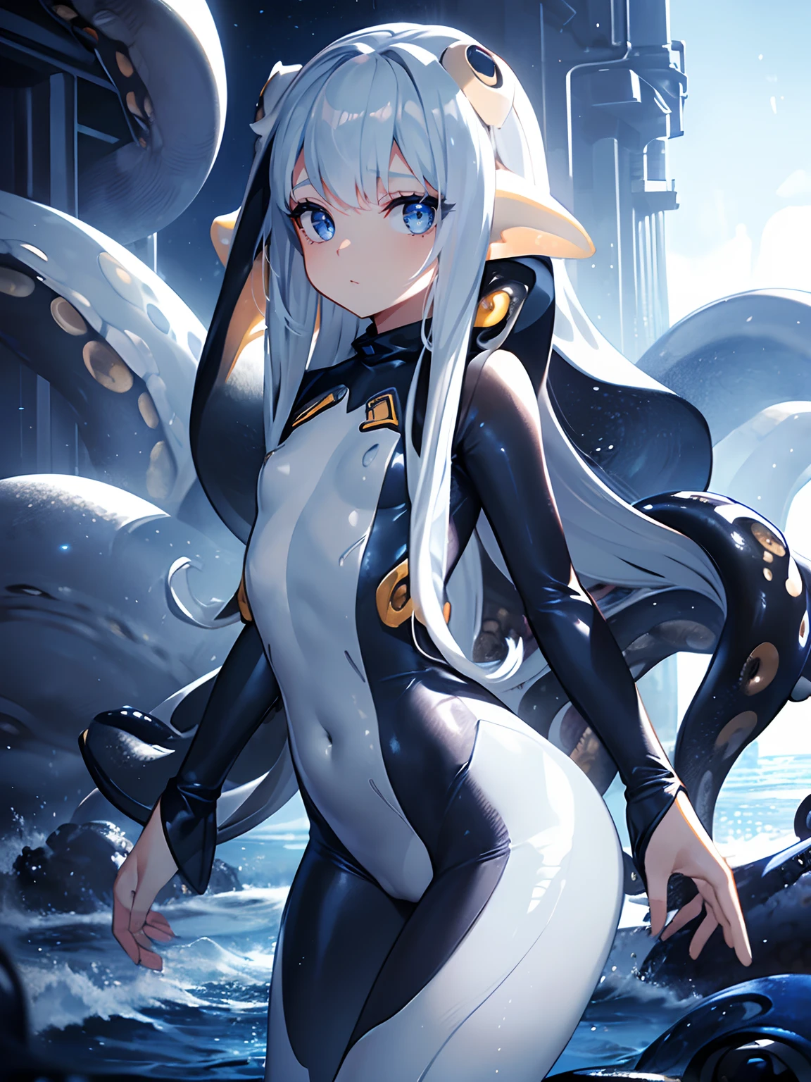 (masterpiece,best quality,ultra-detailed),1girl,beautiful and detailed face, detailed eyes,looking at viewer,small chest, body suit,((squid girl, tentacles)),((grey and blue theme)),cowboy shot, night,fog,beach