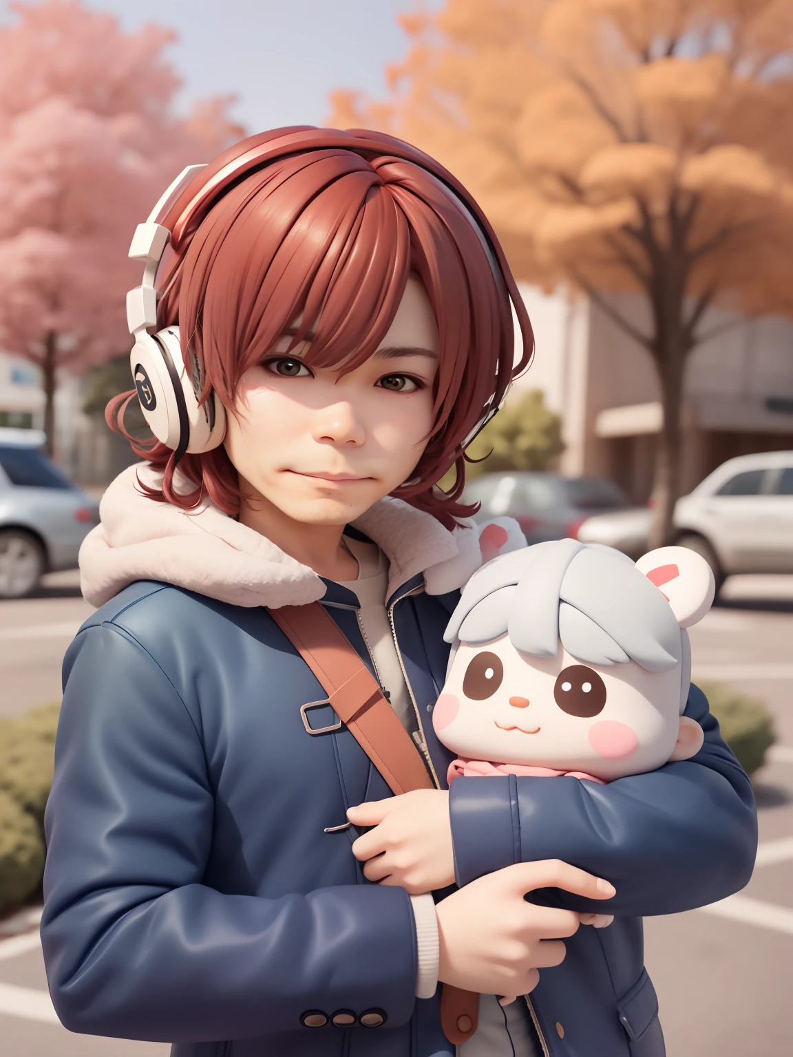 (Daisaku), (Extreme Quality), (Super Meticulous), (Full Body: 1.2), 1girl, Chibi, Cute, Smile, Open Mouth, Flower, Outdoor, Play Guitar, Music, Berets, Hold Guitar, Coat, Blush, Tree, :3, Shirt, Short Hair, Cherry Blossoms, Green Headgear, Confusion, Brown Hair, Blush Sticker, Long Sleeves, Bangs, Headphones, Brunette Hair, Pink Flower, (Beautiful and Delicate Face), (Beautiful and Delicate Eyes), A Group of  Friends