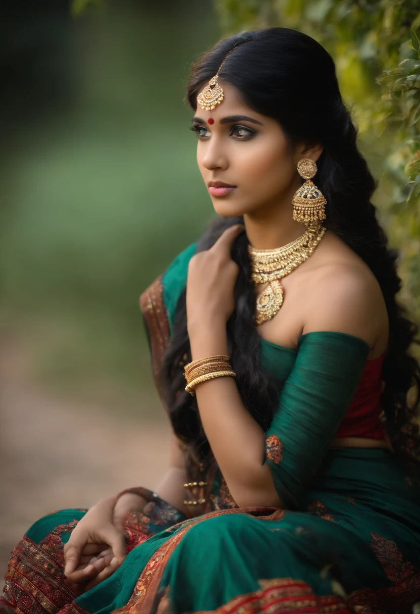 beautify Indian girl, 16 year old, sit on ground, white skin, black hair, sexy dress don't change the face