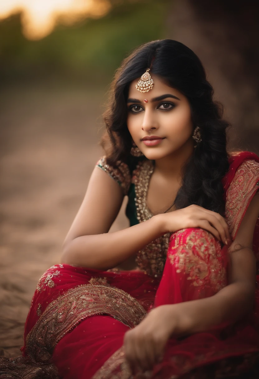beautify Indian girl, , sit on ground, white skin, black hair, sexy dress don't change the face