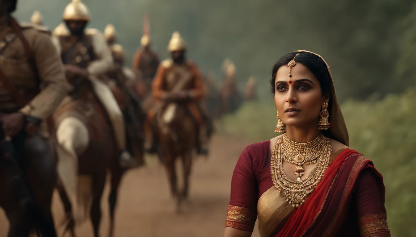 {It vividly depicts the rebellious queen Rani Lakshmibay dressed in traditional 19th-century Indian combat attire, Lead her troops into fierce battles，The moment she was hit in the abdomen by a bullet}, Realistic style, Artistic inspiration by Greg Rutkowski, camera: Medium telephoto, Shot: Wide, Rendering-related information: (hyperrealistic 3 d render:1.16), (rootkowski:1.1), (Intricate details:1.2), (Oil painting:1.3)