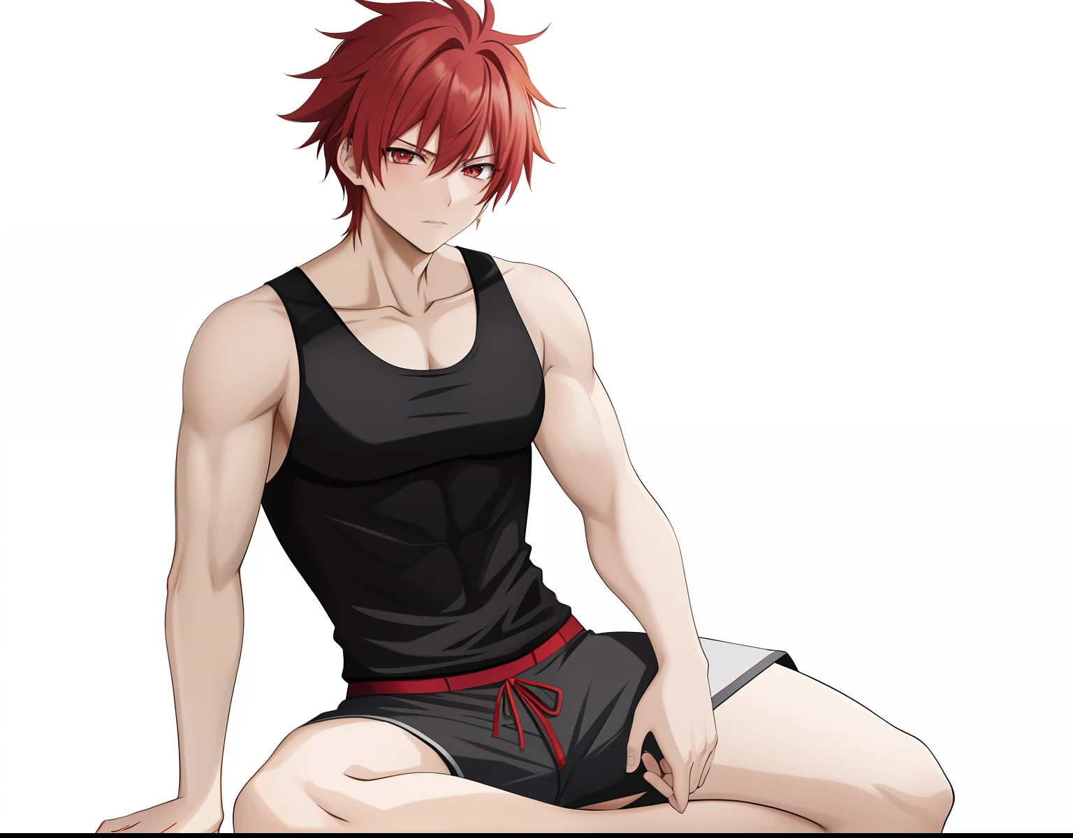 Red haired anime boy sitting on floor with legs crossed, Anime Boy, anime style character, garments:Black tank top, Boy in shorts, In anime style, anime styled」, Anime style, Muscular men, Knight of Zodiac Boy, with short red hair standing on end,, In an anime style, masculine and muscular, Bare arms, Bare shoulders,