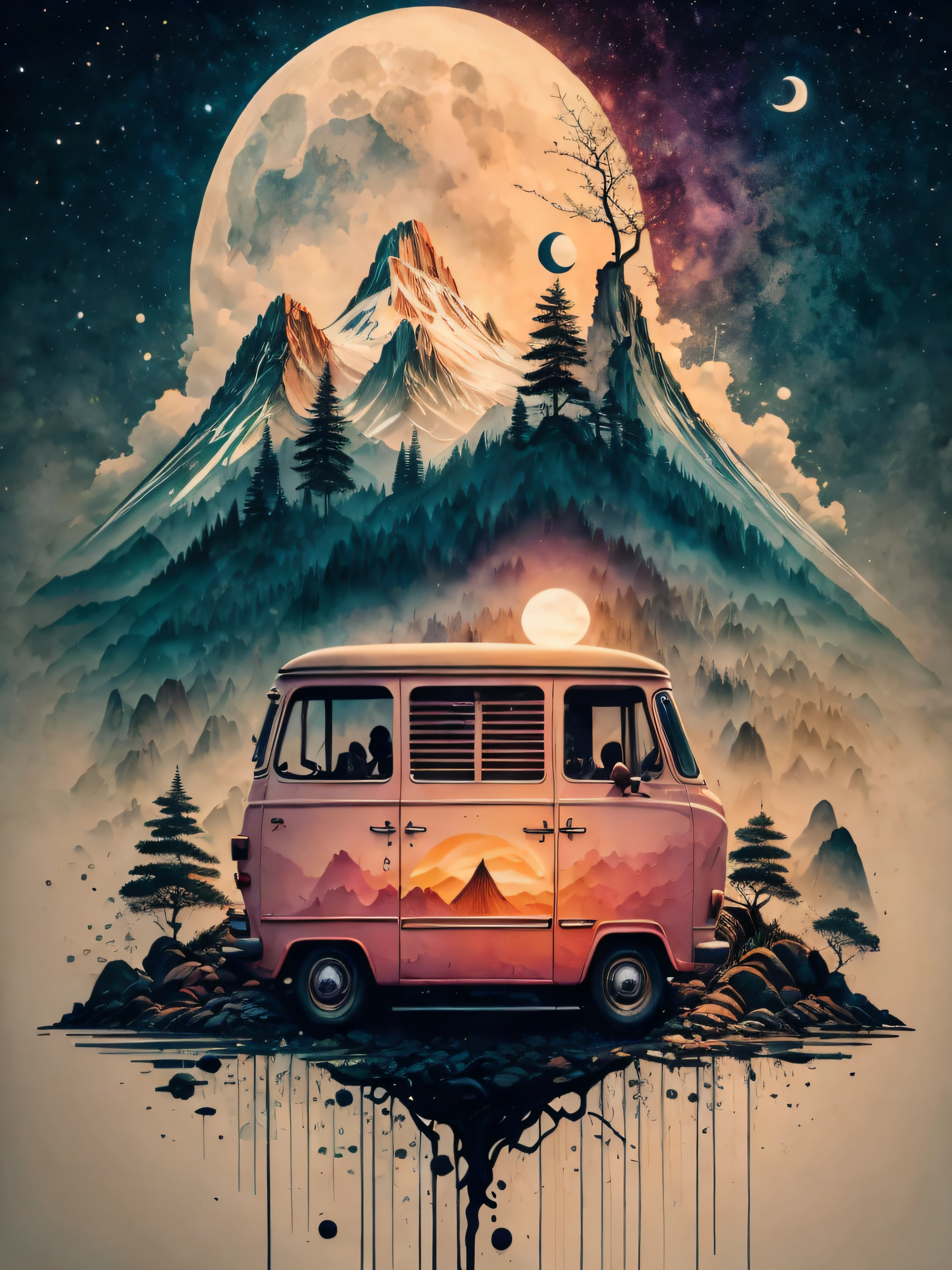 Painting a tree on top of an umbrella mountain, Surrealist illustration, Arte oscuro surrealista, Surrealismo pop Lowbrow Art Style, Arte lowbrow, atardecer, luna