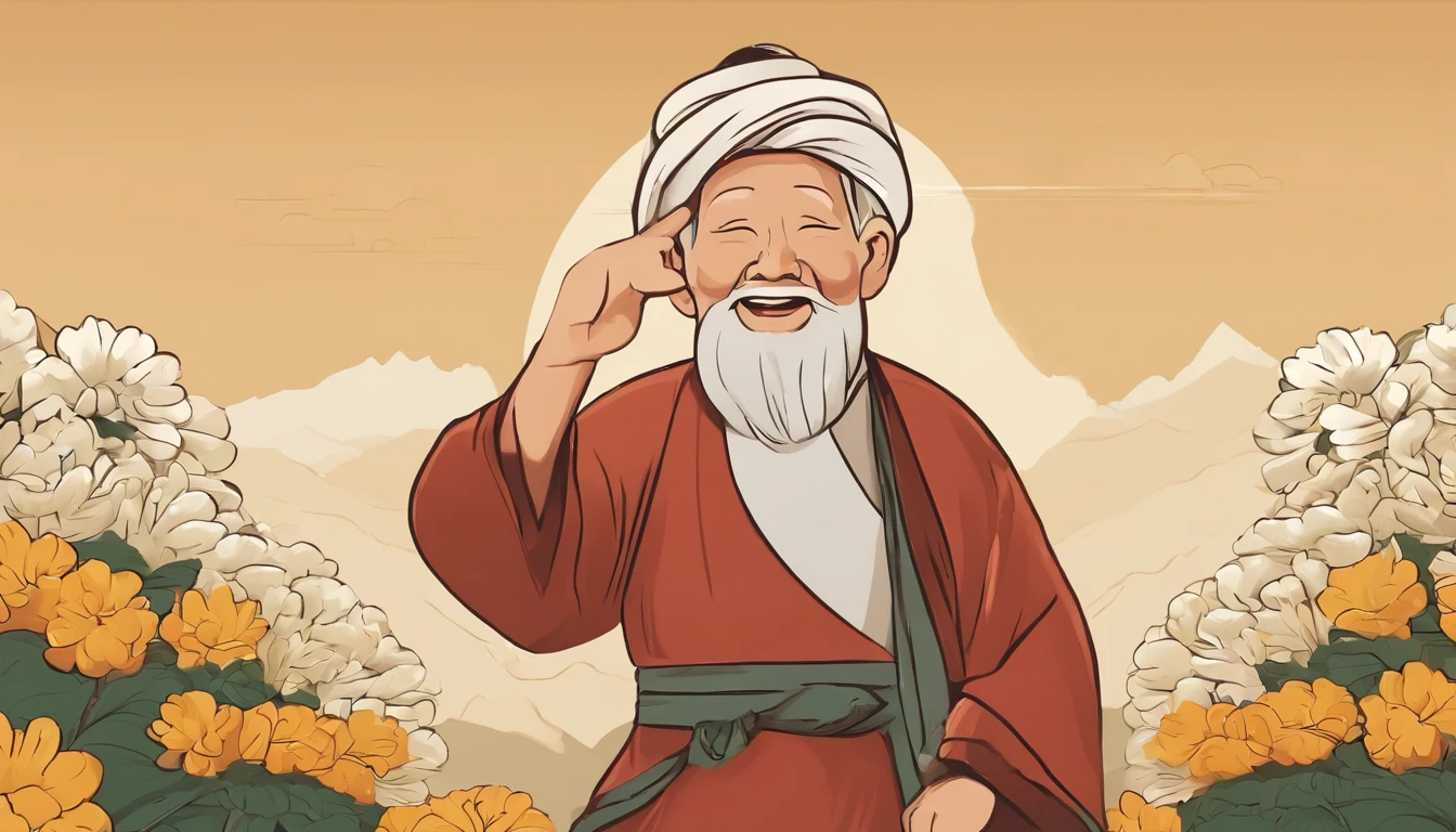 High quality, Masterpieces:1.2), illustration, An old Chinese man with a chrysanthemum on his head,Young people support the elderly】 Celebrate Double 9 with your eyes closed,Young people help the old man smile, A lively chrysanthemum festival, Charming smile, Close-up of mountaineering and elevation in the distance