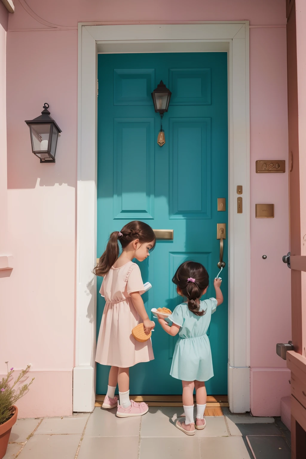 year: 2023. Location: Sweden. Pre-Raphaelite, two 3 and 7-year-old little girls, sister, tanned, brunette, (((holding a food container))), bringing a ((food tray)) to their neighbor house, ((((view from the other side of the door)))), ((((casual ??? Clothing from the 2020s)))) ((Hairstyle of the 2020s)), pastel colors, (((cinematic style)))
