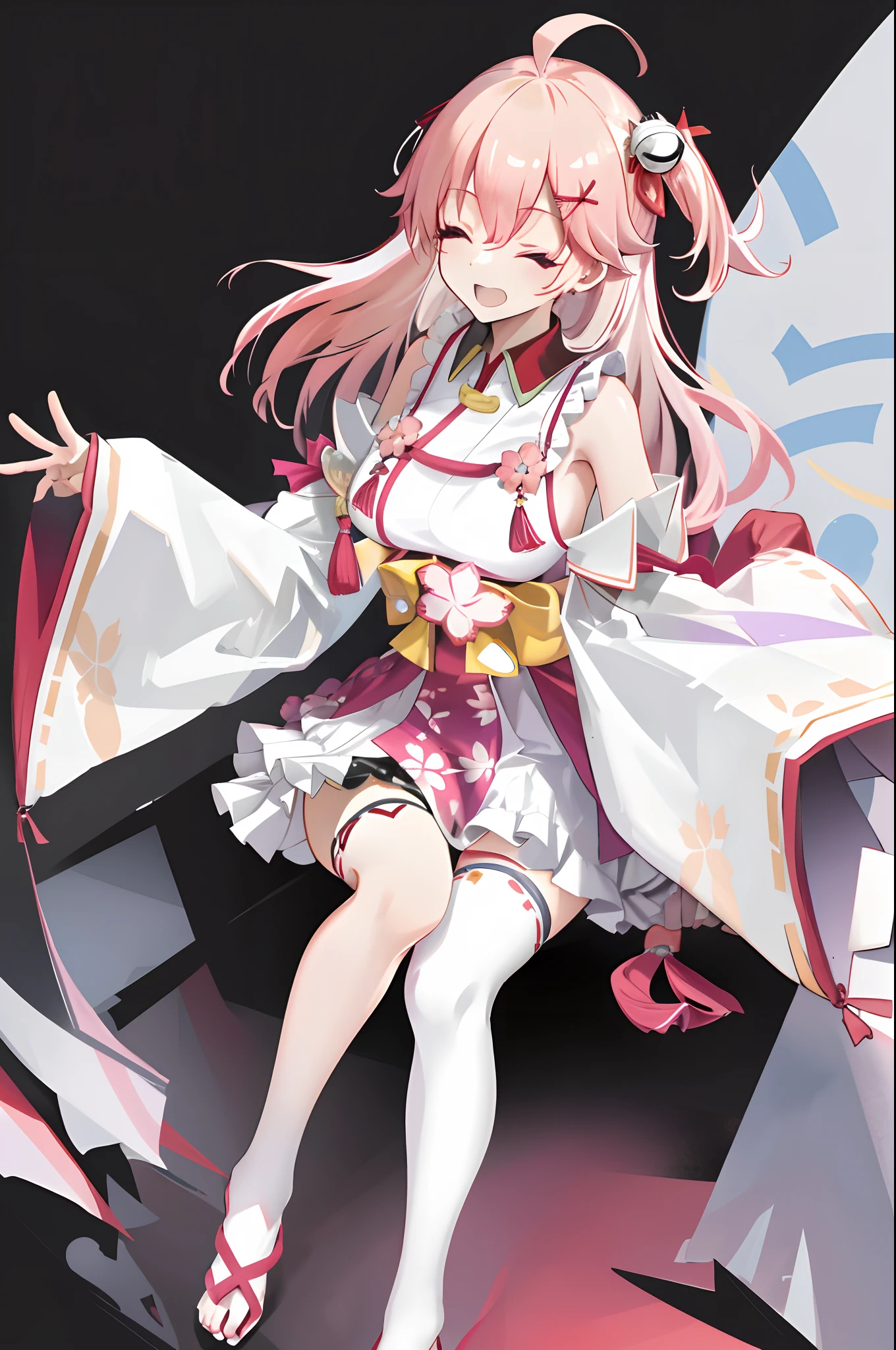 masterpiece, best quality, highres, miko1, sakura_miko, 1girl, big_boobs, solo, ahoge, x_hair_ornament, pink_hair, floral print, hairclip,(side_less_clothes:1.5), (side_boobs:1.5), hair_bell, floral print, long_hair, hair between eyes, one side up, white thighhighs, asymmetrical legwear, wide sleeves, open_mouth,(happy:1.3),close_eyes,big_smile,rising_leg,plump,apart_legs,(overly_long_sleeves:1.3),(beautiful_fingers),sleeves_past_wrists,hands_hidden_sleeves,sidelock_clothes,dynamic_posing,solo,hidden_wrists,(XD:1.4),
