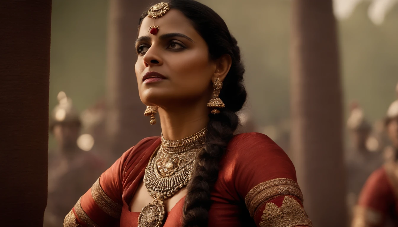{It vividly depicts the rebellious queen Rani Lakshmibay dressed in traditional 19th-century Indian combat attire, Lead her troops into fierce battles,The moment she was hit in the abdomen by a bullet}, Realistic style, Artistic inspiration by Greg Rutkowski, camera: Medium telephoto, Shot: Wide, Rendering-related information: (hyperrealistic 3 d render:1.16), (rootkowski:1.1), (Intricate details:1.2), (Oil painting:1.3)