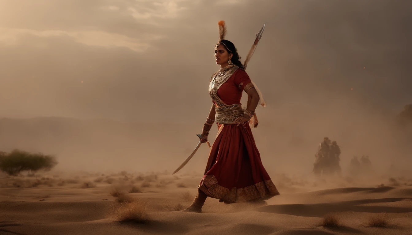 {It vividly depicts the rebellious queen Rani Lakshmibay dressed in traditional 19th-century Indian combat attire, Lead her troops into fierce battles,The moment she was hit in the abdomen by a bullet}, Realistic style, Artistic inspiration by Greg Rutkowski, camera: Medium telephoto, Shot: Wide, Rendering-related information: (hyperrealistic 3 d render:1.16), (rootkowski:1.1), (Intricate details:1.2), (Oil painting:1.3)