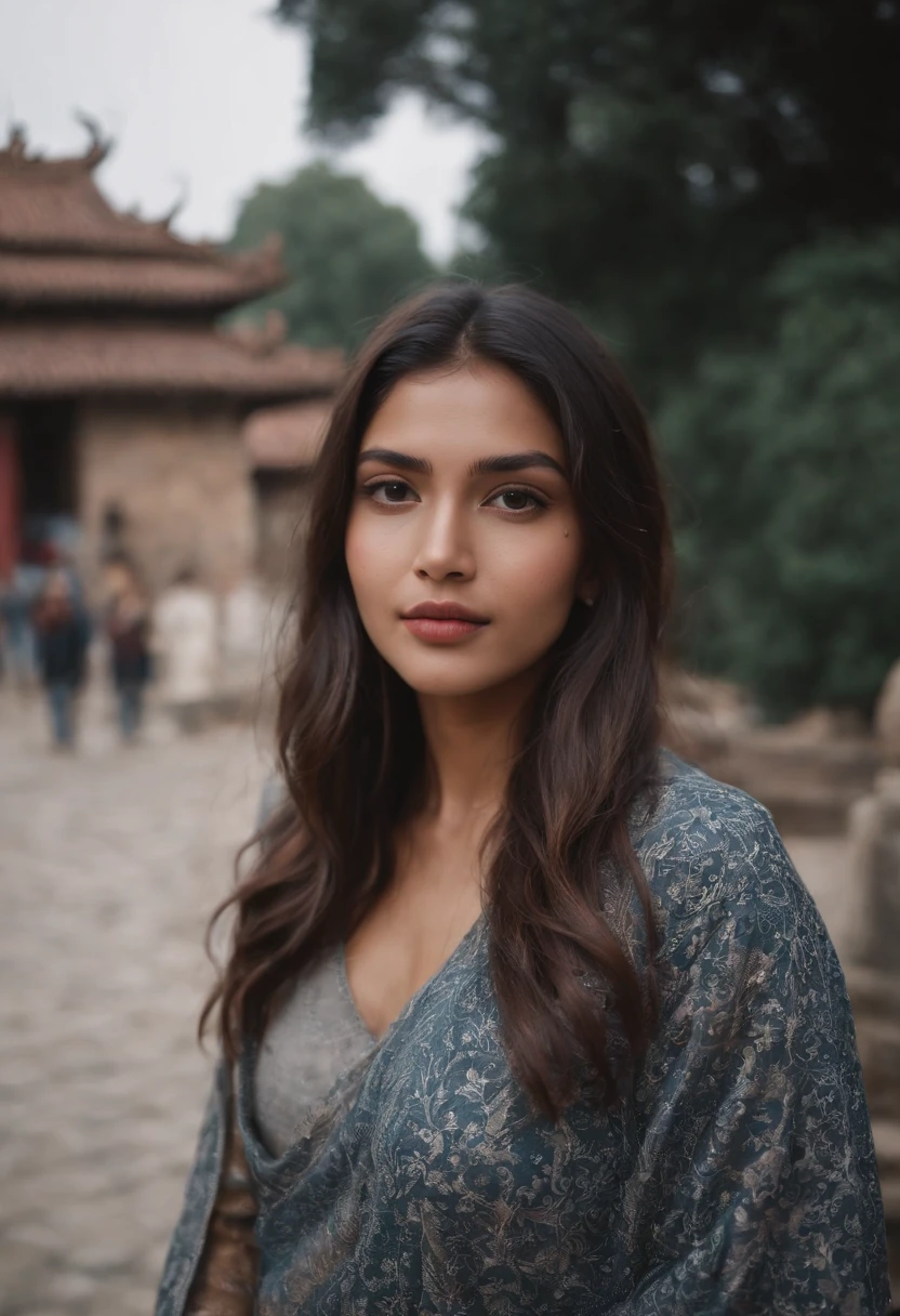 travellers, in the style of rap aesthetics, girl,Indian,make for a memorable photo. The background is to the ancient temples and palaces of Kathmandu ,photo taken with fujifilm superia, charly amani, oversized portraits, babycore, upper body don't change the face