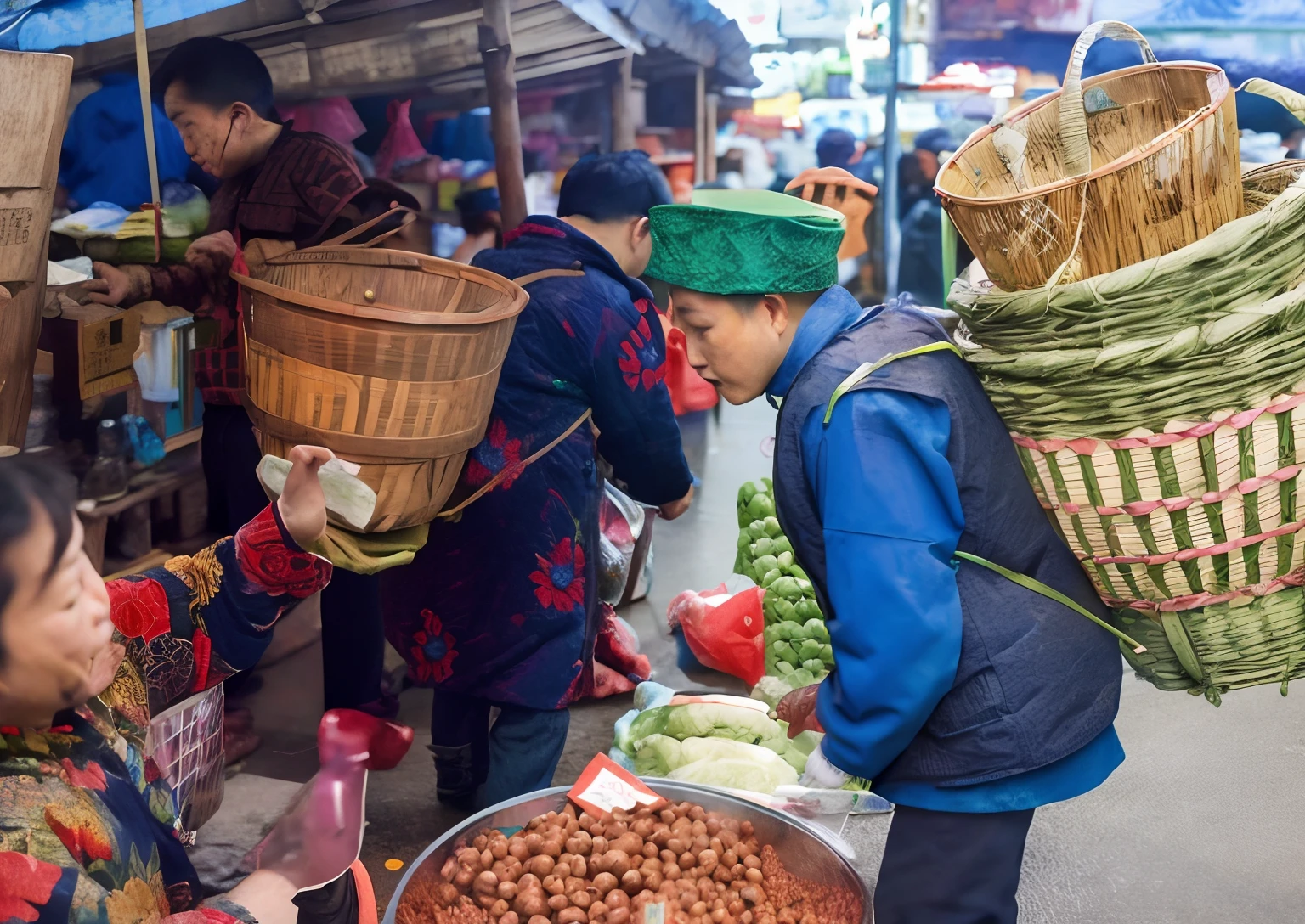 People shop in the market,A basket of food, the vibrant echoes of the market, busy market, Market, street market, wet market street, street vendors, market setting, fresh food market people, sichuan, nanquan, Chinese traditional, bian luan, marketplace, inspired by Cui Bai, market stall, Vendors, inspired by Hu Zao, Chinese woman,woodcut print,Posterization,Color scale 12