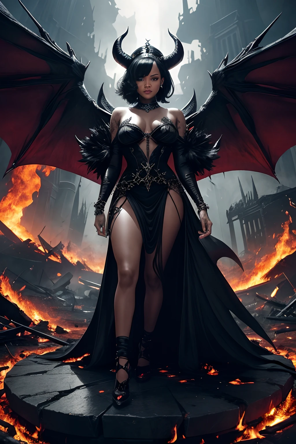 Ultra-detailed Rihanna stands atop a pile of burning ruins, Her diabolical and insidious presence radiating from her dark crown and black and red evil queen dress.............................................................. Her demon wings on her back and demon horn give her an invincible aura as she unleashes a powerful wave of destruction with a single gesture..........................................................................................................................