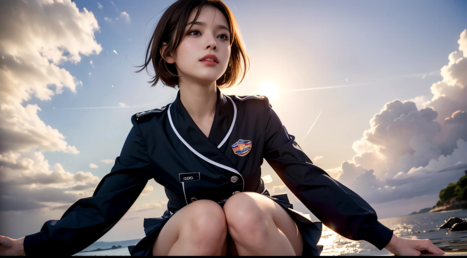 (Best Quality, hight resolution, masutepiece :1.3), (Taken from below), Pretty Woman, Orange sunset sky, Sun and clouds on sea background, Cute girl in uniform. Her hair is light brown in medium bob style. She wears a white blouse and pleated skirt, squatted with legs wide open, Blushing face, looking in camera, Dynamic shooting angle