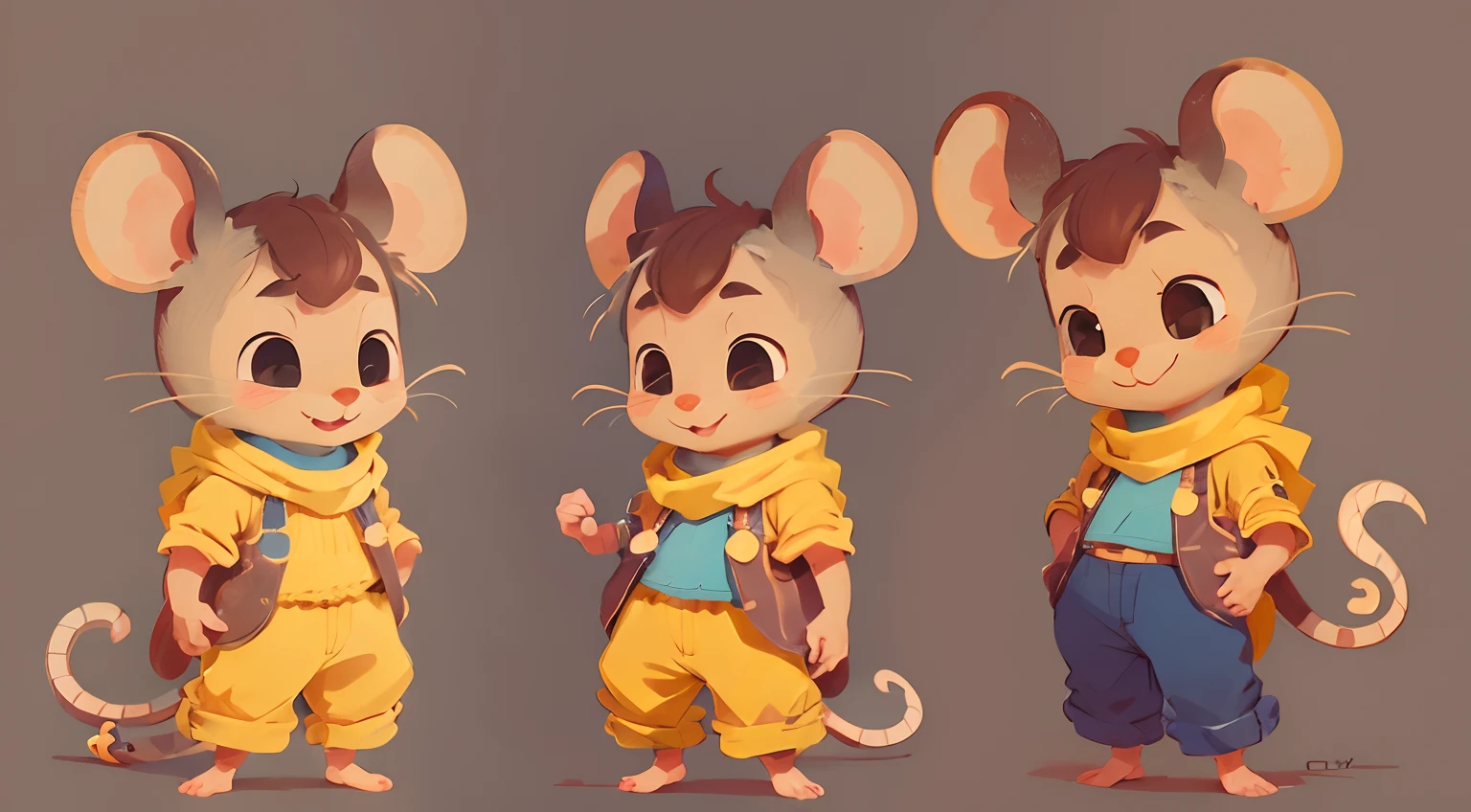 (((Pimpão is a little mouse))), A Lovely Smile, Wearing a small yellow and blue colored scarf around her neck, His eyes are bright, Expressivo, multiple poses, fundo branco.