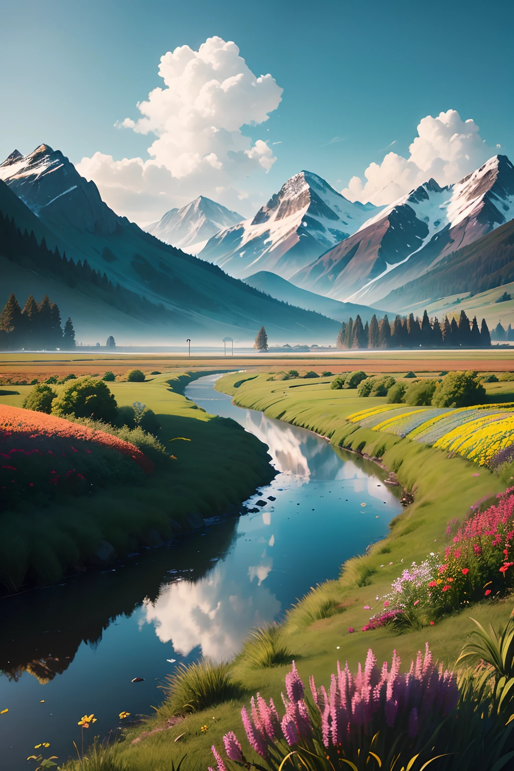 ((masterpiece, best quality, cinematic, photorealistic, ultra-detailed)), a field full of colorful, vibrant, and diverse flowering plants, the backdrops should feature a clear, cerulean blue sky stretching as far as the eye can see, with majestic mountains and distant trees on the horizon, above, fluffy nimbus clouds adding a touch of drama to the scene, in the foreground, a crystal-clear river winds its way through the field, reflecting the beauty of the flora and the vastness of the sky