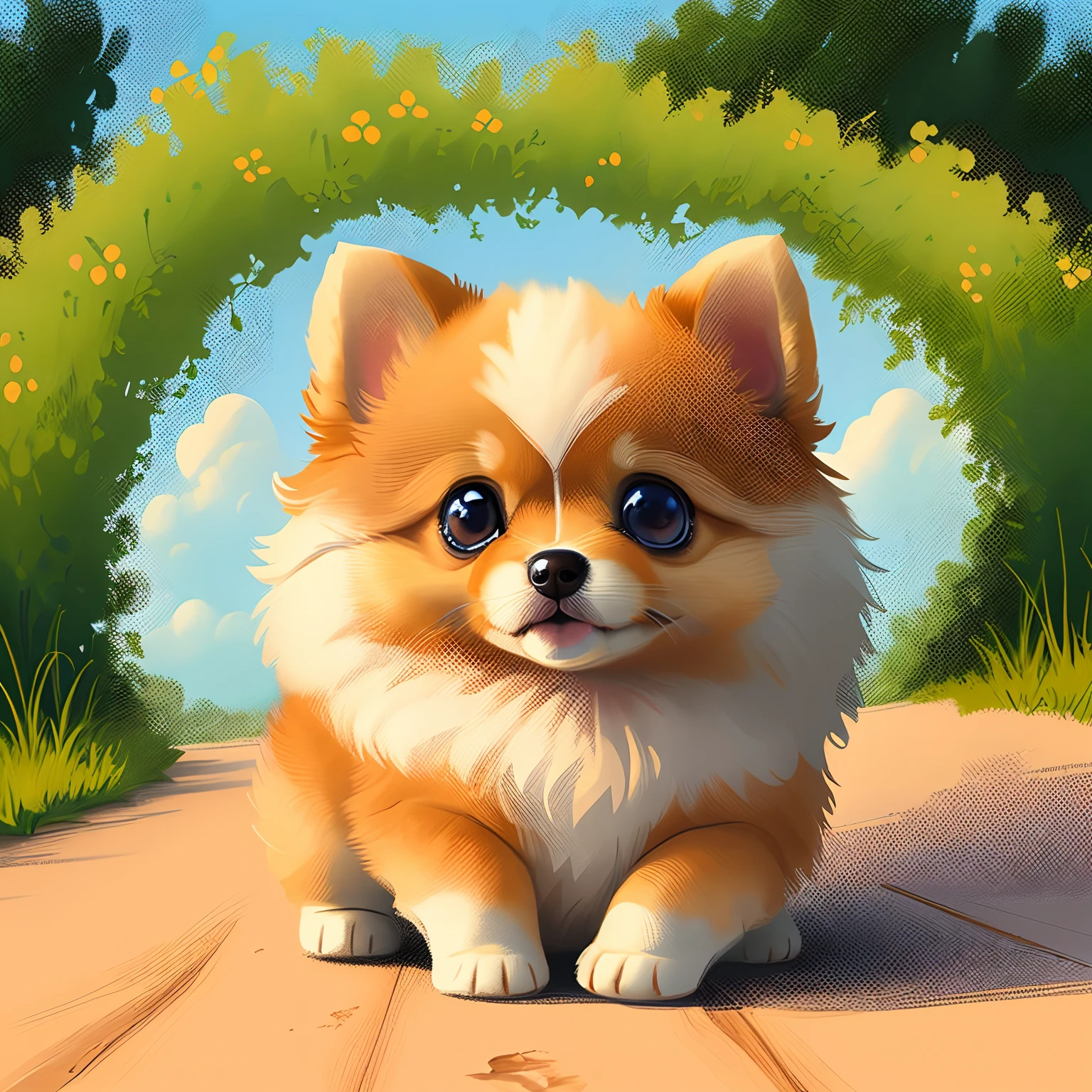 Pomeranian puppy, in nature, adorable digital painting, 2D, cute detailed digital art, Cute digital art, painting of cute dog, cartoon illustration, pomeranian, cute dog, Fan art, 2D Digital Painting, Soft Digital Painting, cute cozy artwork