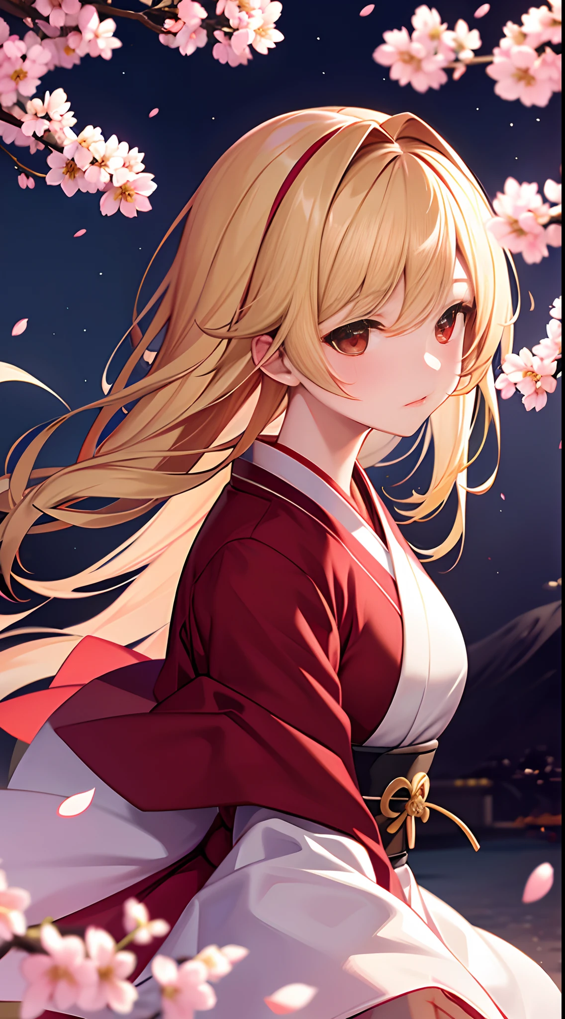 One blonde girl, Red eyes, Night background, Moon and cherry blossoms, Fluffy kimono,